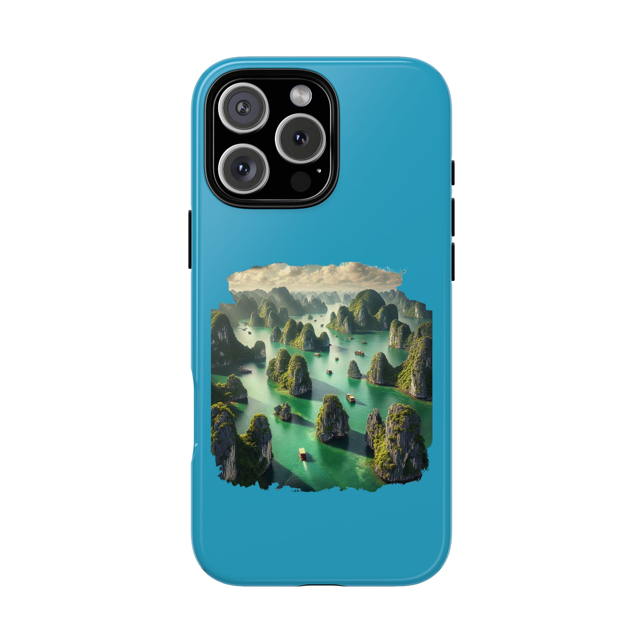 Phone case featuring a landscape design with islands and boats in a turquoise sea.