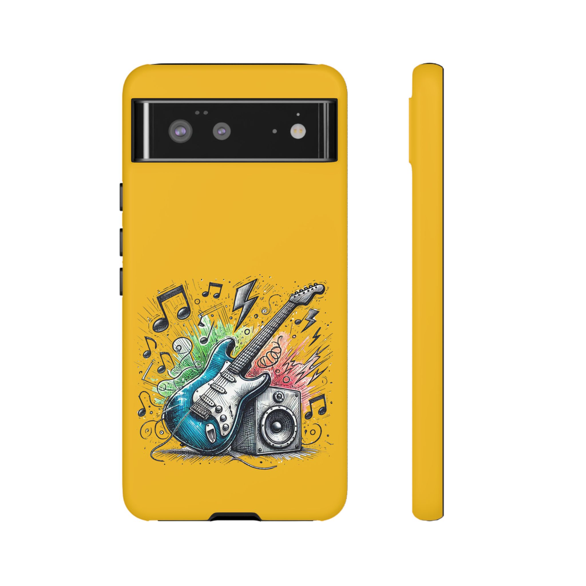 Yellow phone case featuring a blue electric guitar and music notes in a colorful design.