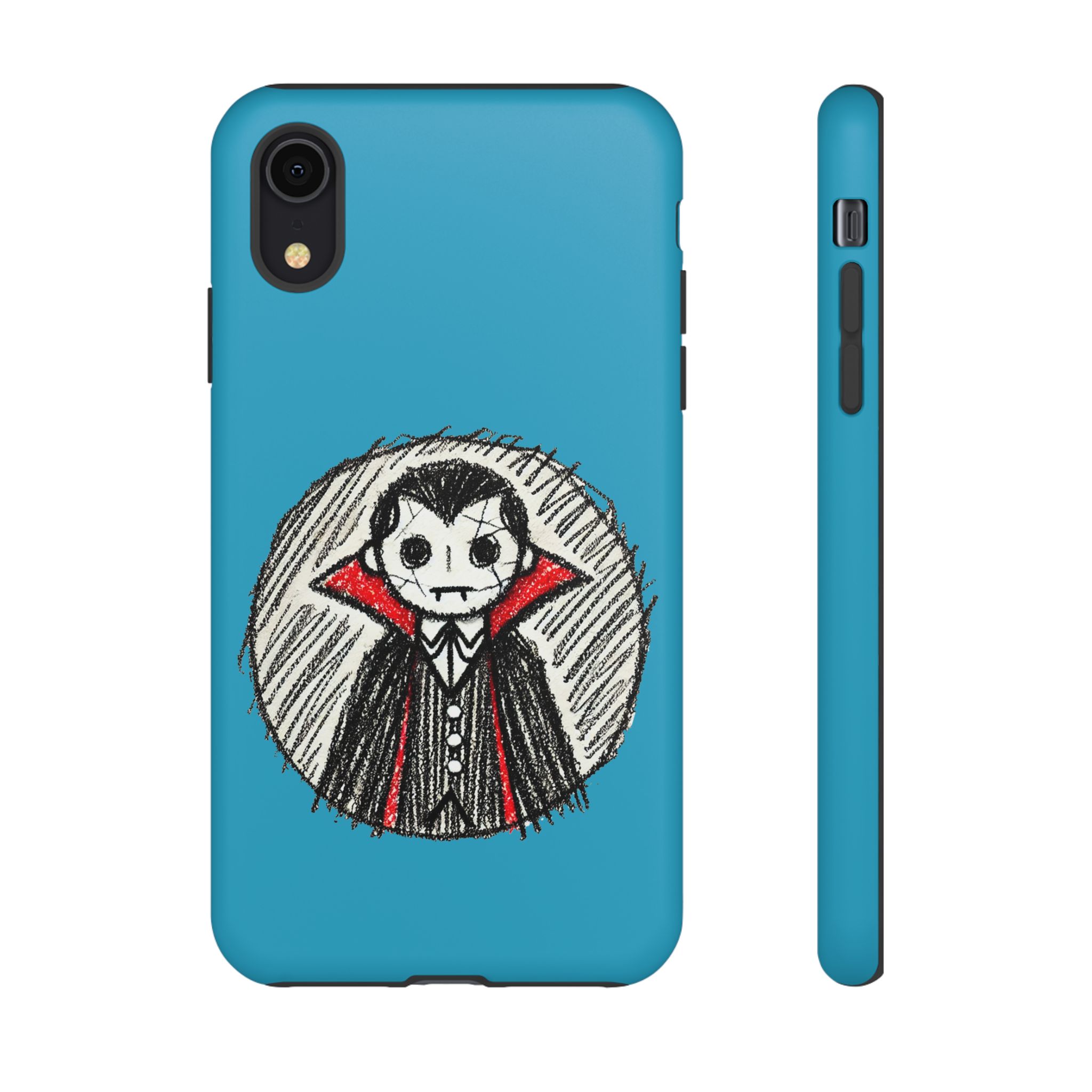 Phone case featuring a Dracula-inspired character with a red collar on a blue background.