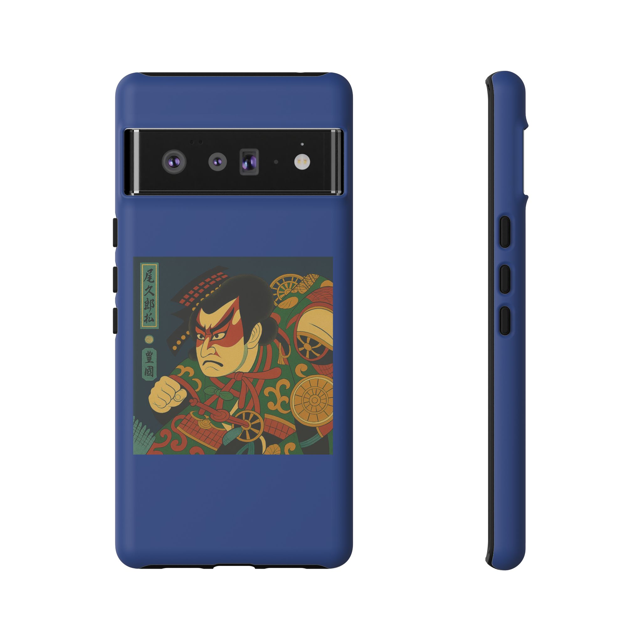 Blue phone case featuring a traditional Japanese art design with a warrior illustration.