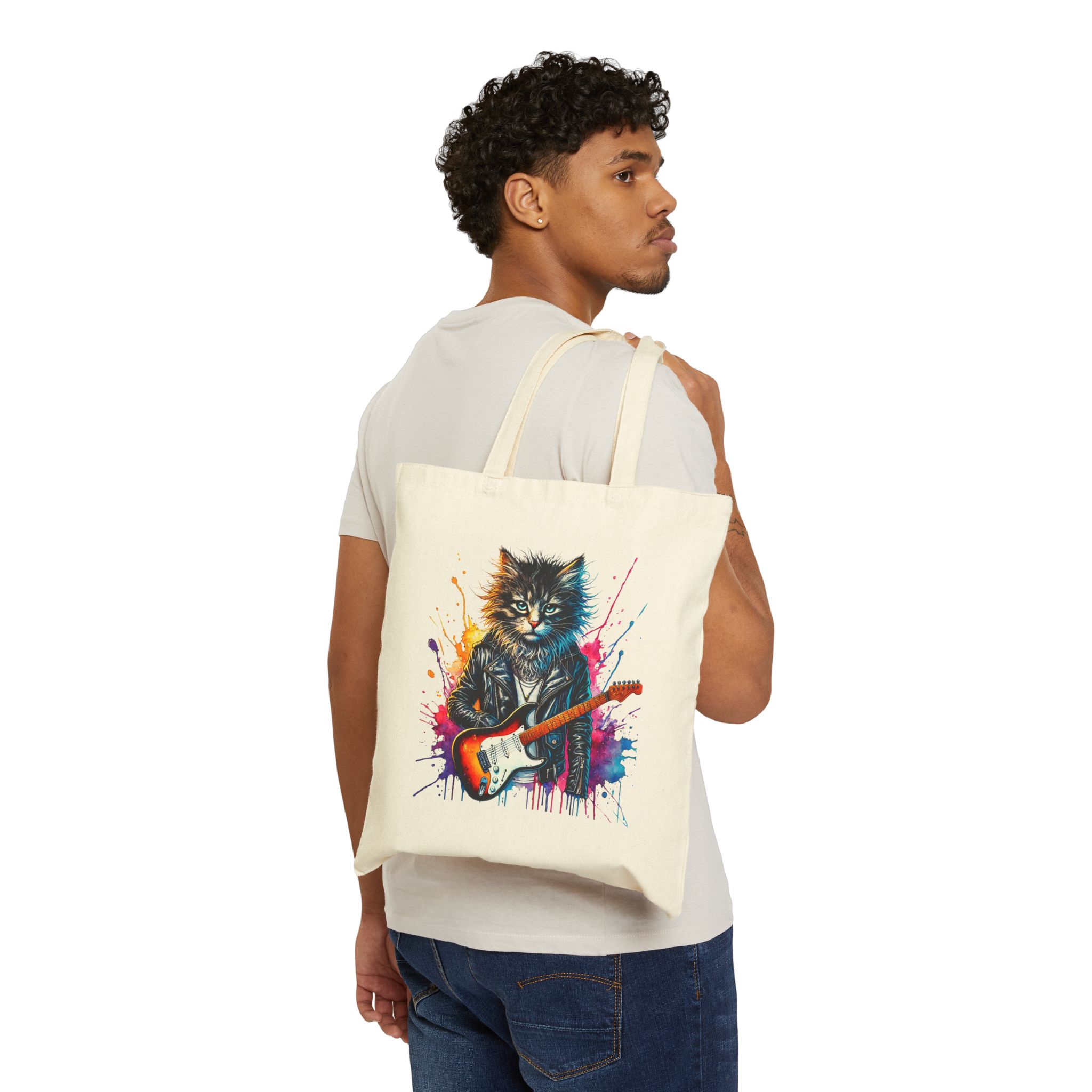 Cat Canvas tote bag Rock vintage shoulder bag rockstar cat kitten vintage handbag pet lovers - Image 2
