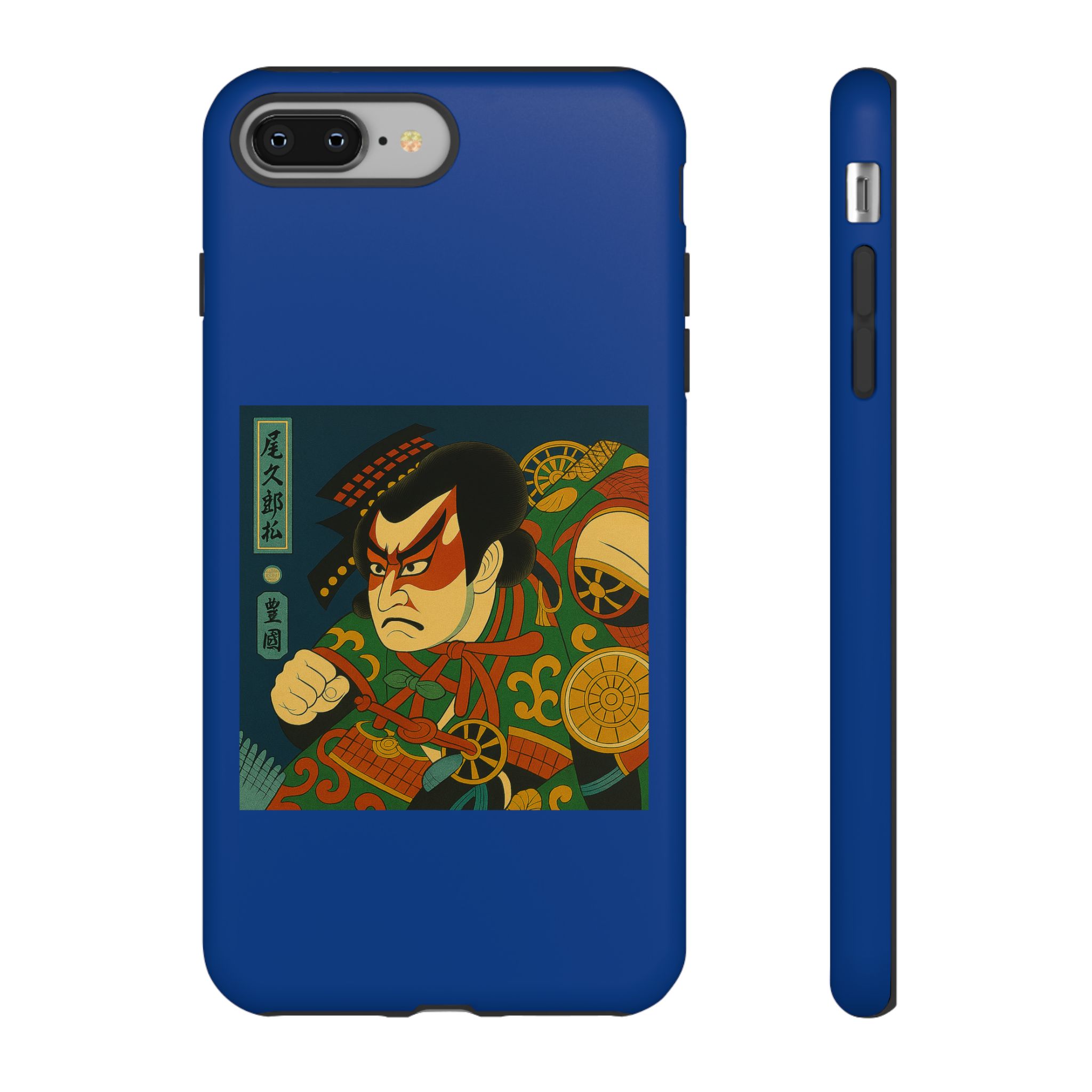 Blue phone case featuring traditional Japanese artwork of a samurai with a fierce expression.