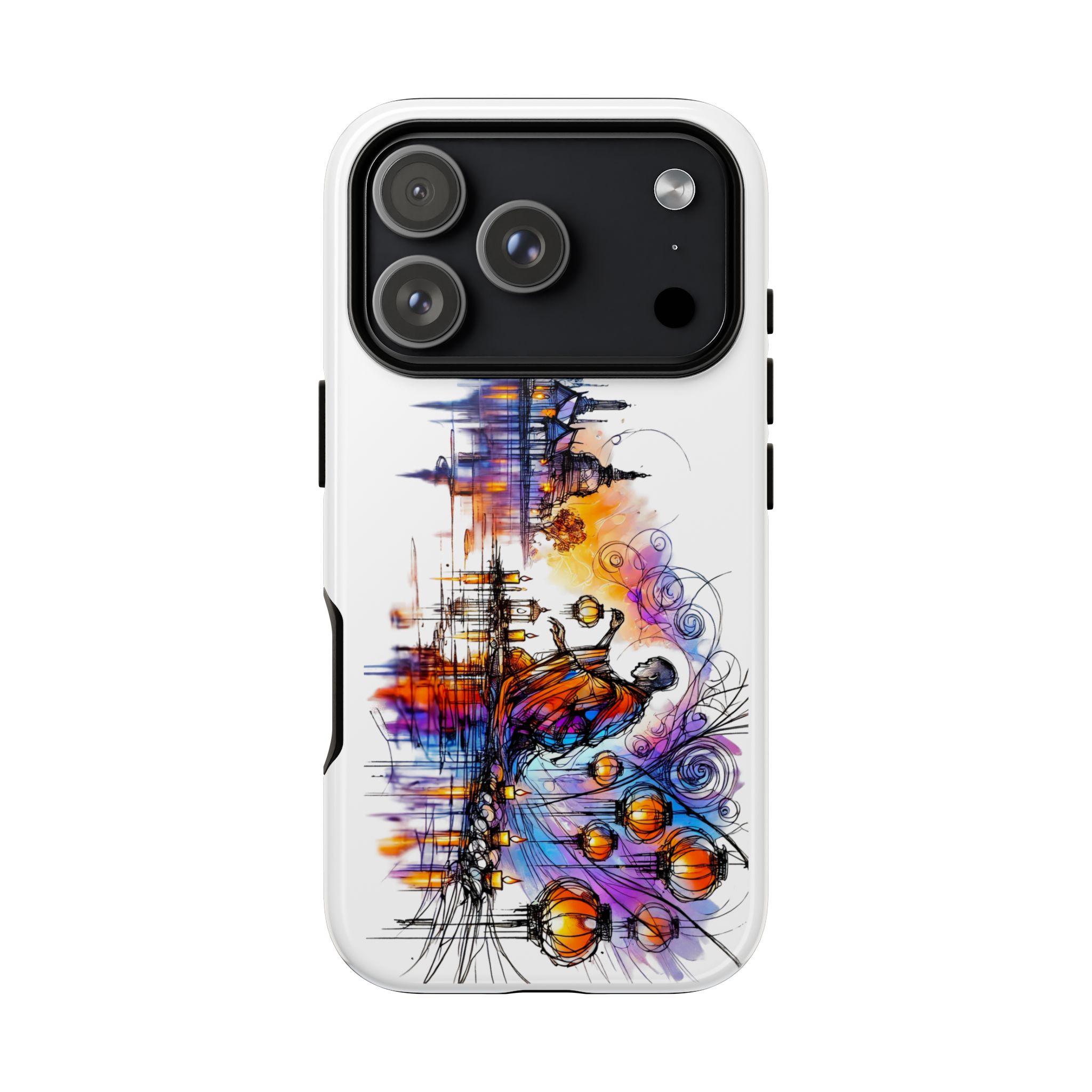 Colorful artistic design on a phone case featuring abstract elements and a figure.