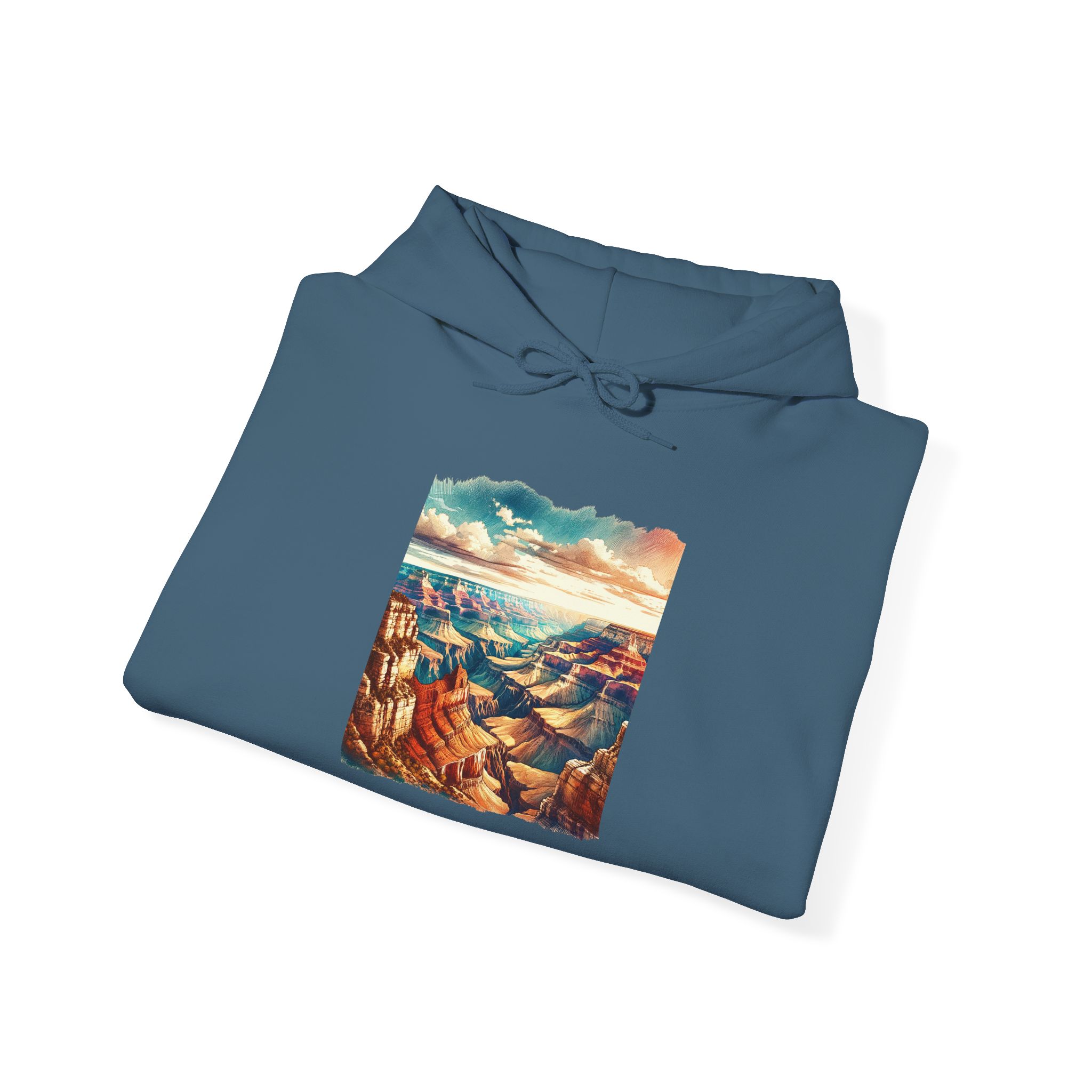 Blue hoodie featuring an artistic depiction of the Grand Canyon landscape on the front.