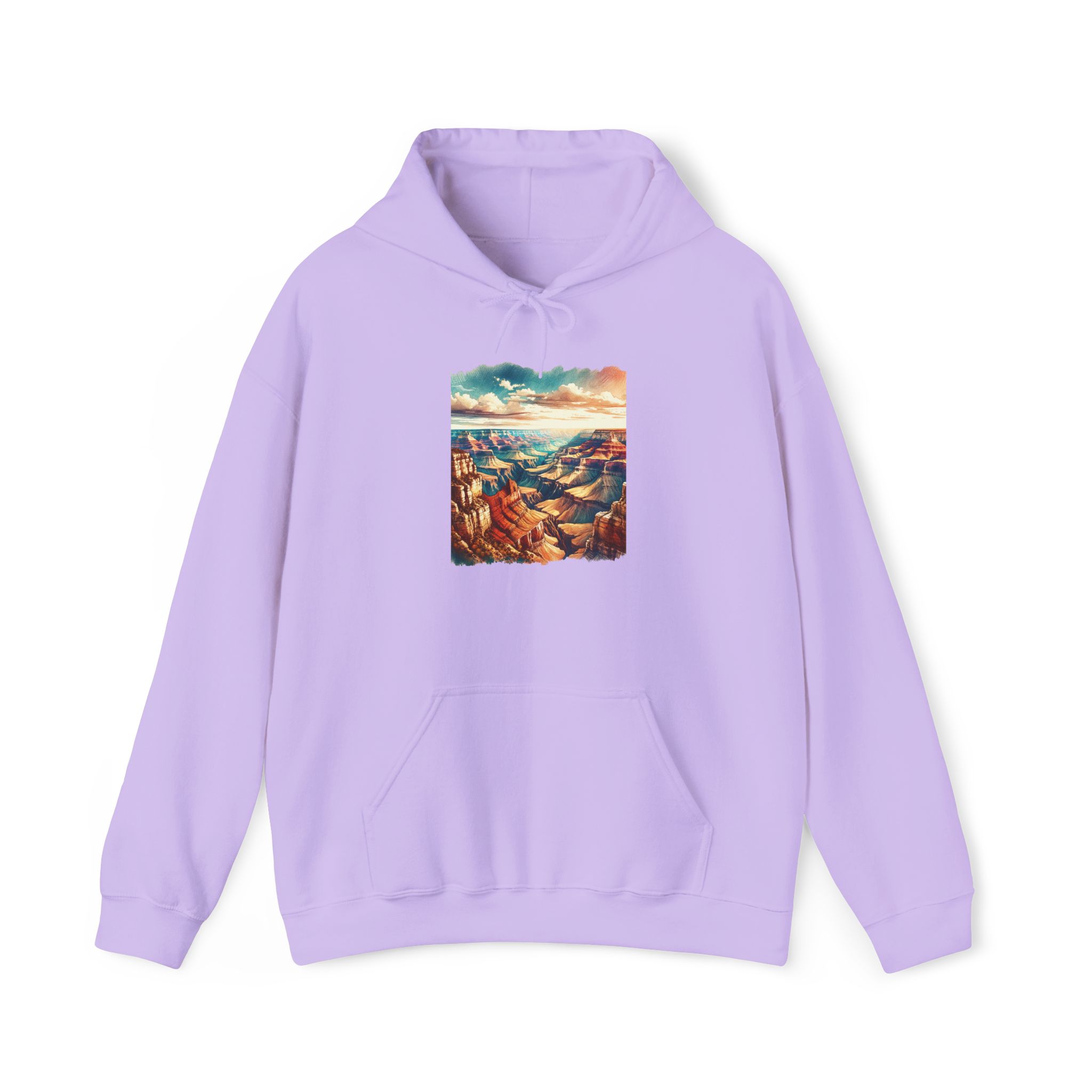 Lavender hoodie featuring a graphic of the Grand Canyon landscape at sunset.