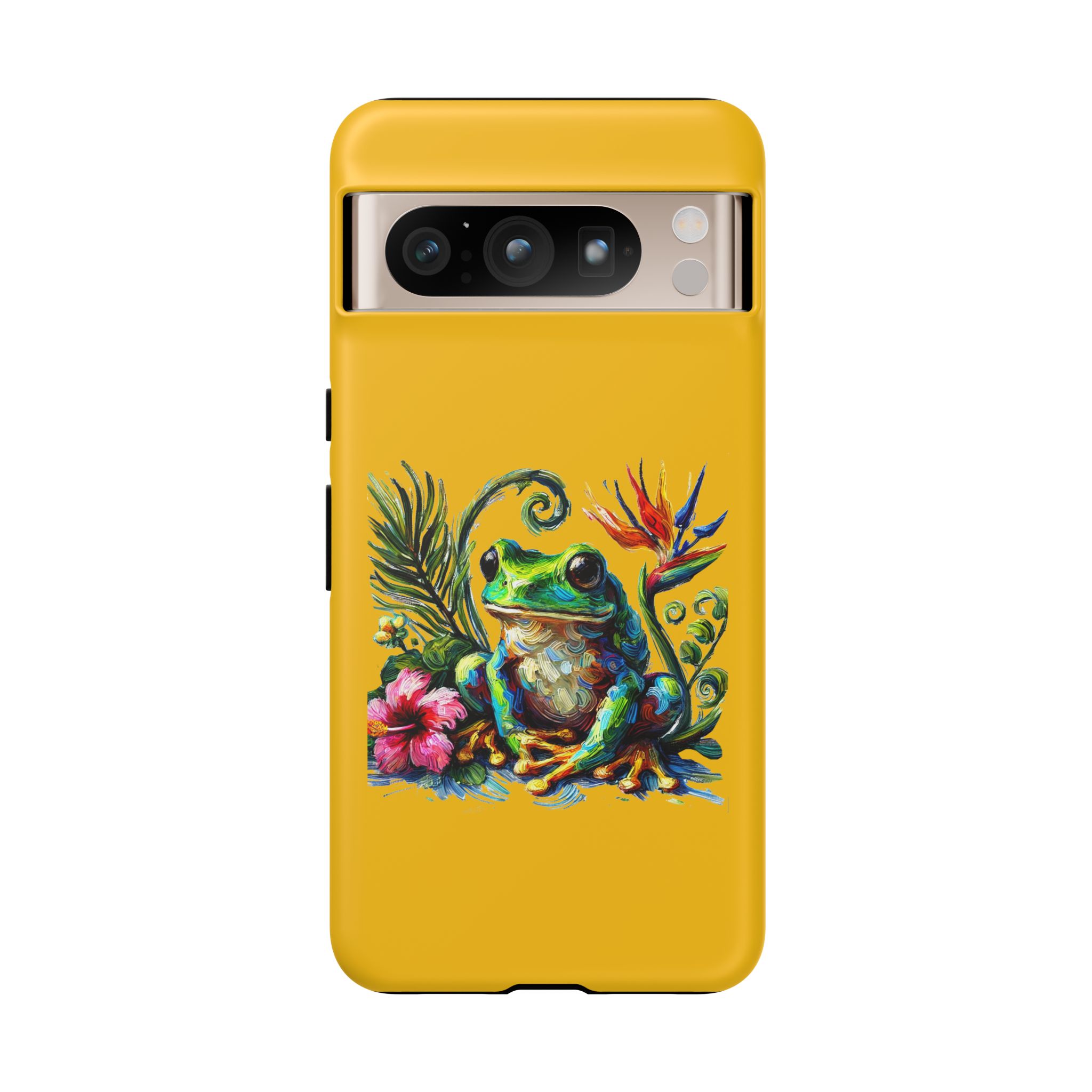 Yellow phone case featuring a colorful frog design surrounded by tropical flowers and foliage.