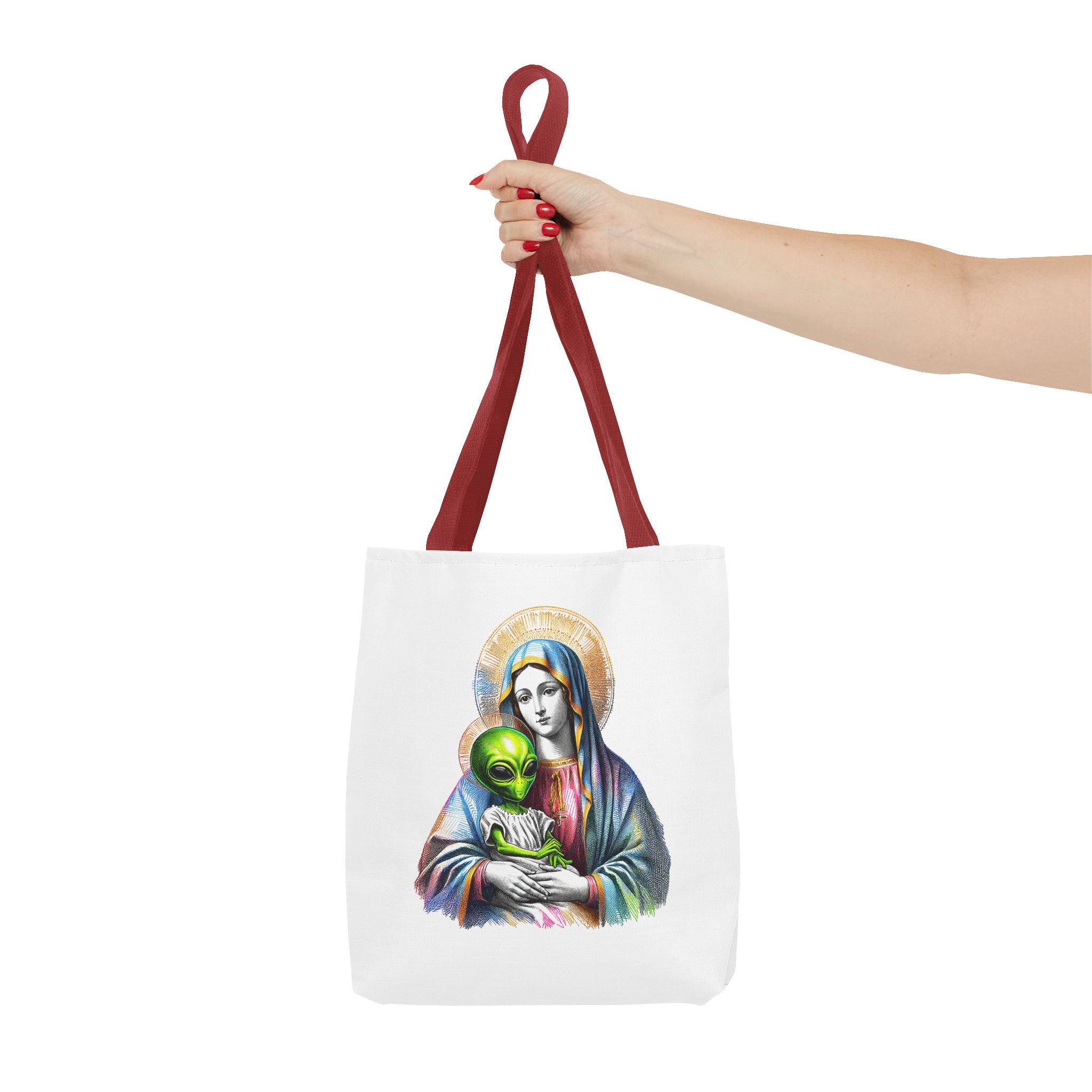 Satiric cute tote bag Boho shoulder bag Alien virgin mary retro shoulder bag fun gift religious design purse unique handbag – Image 8