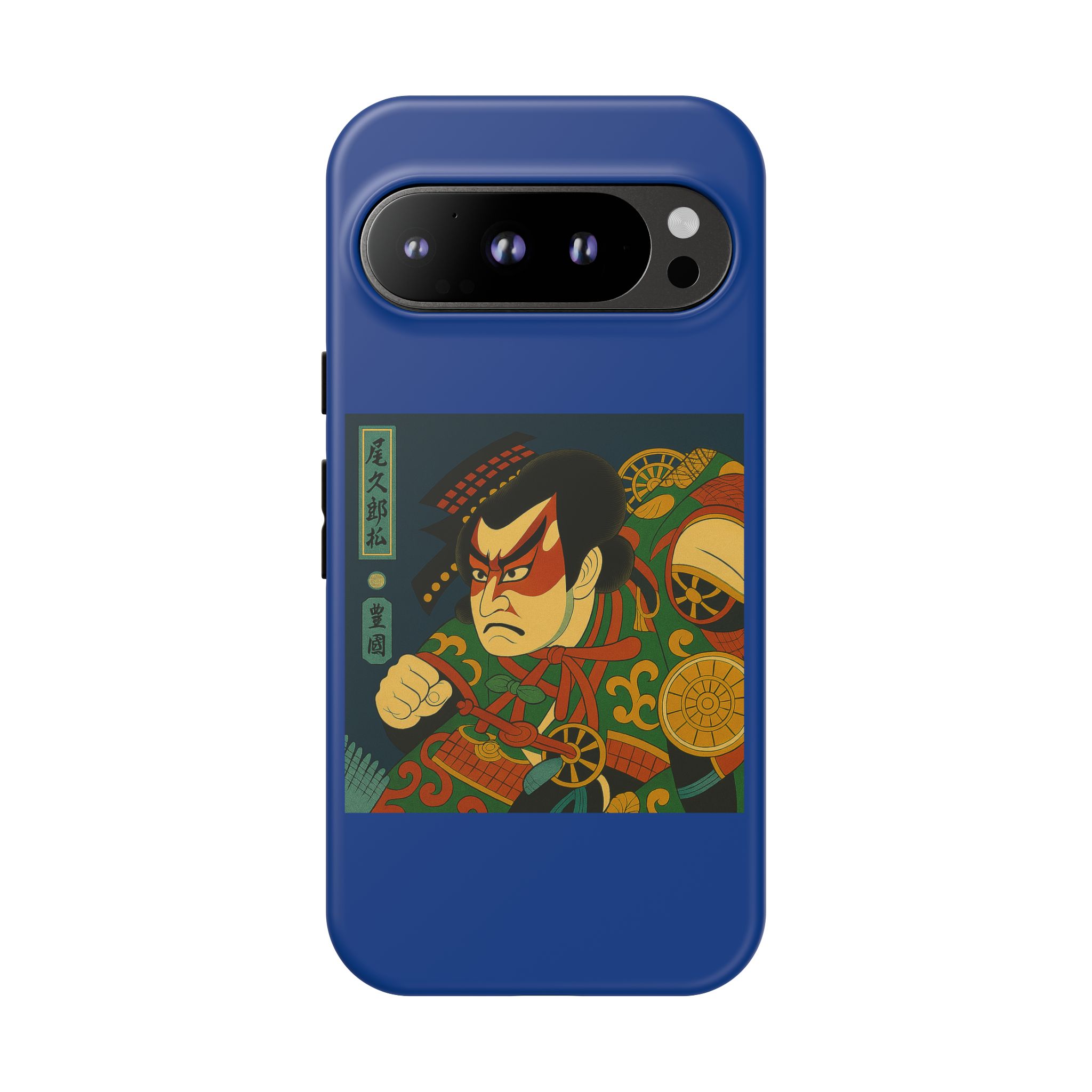 Blue phone case featuring a traditional Japanese art design with a character in a red mask and colorful background.