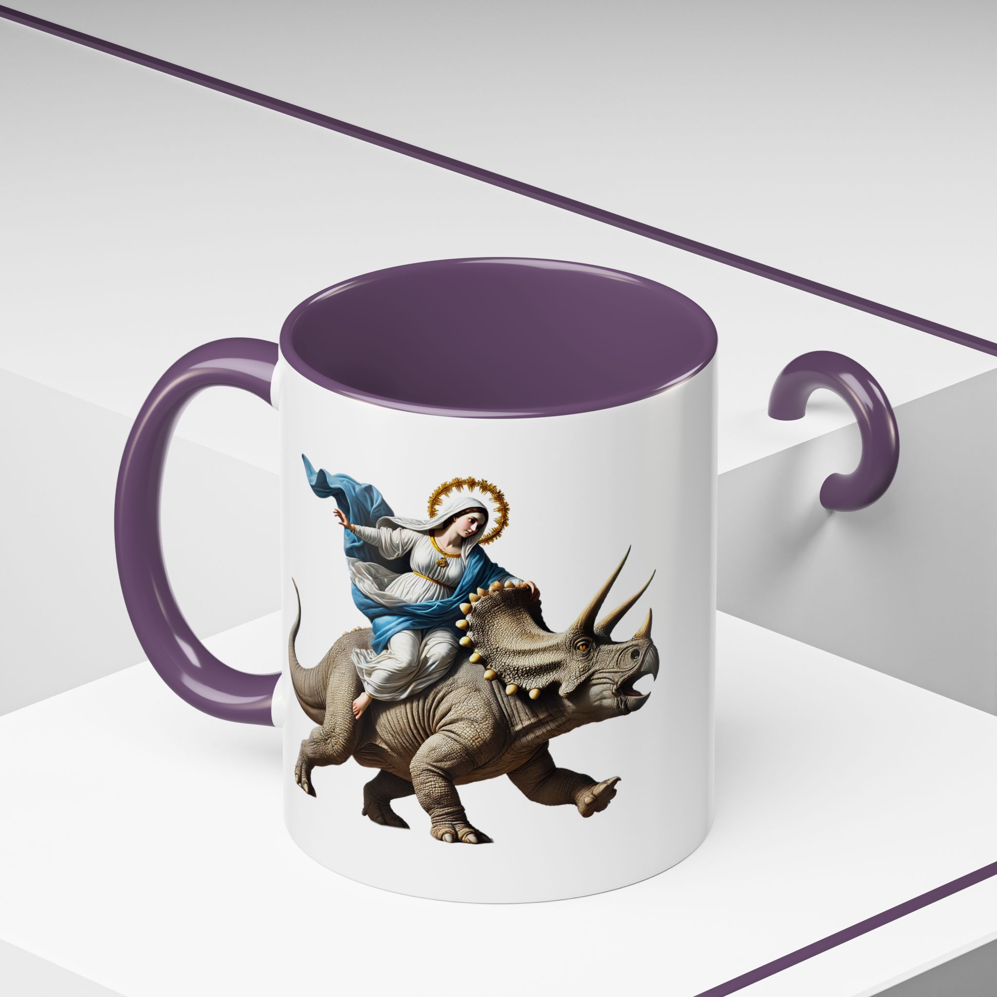 Sarcastic Coffee mug jurassic Virgin mary riding triceratops funny office mug boho gift tea cup cute accessory – Image 48