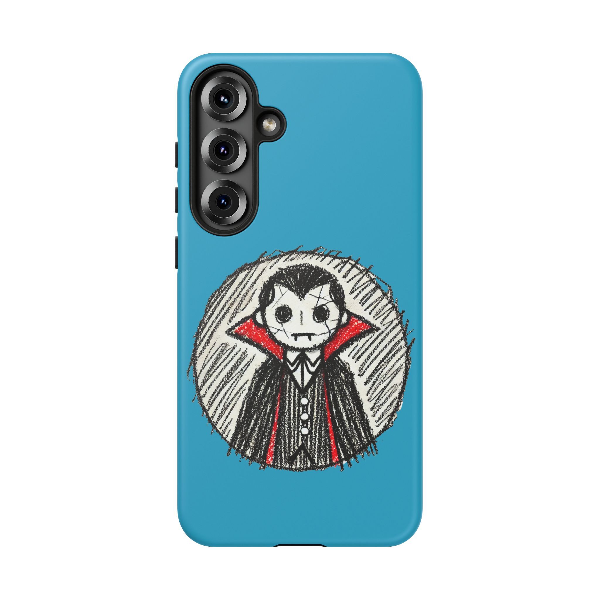Cartoon illustration of a Dracula character on a blue phone case with a round background.