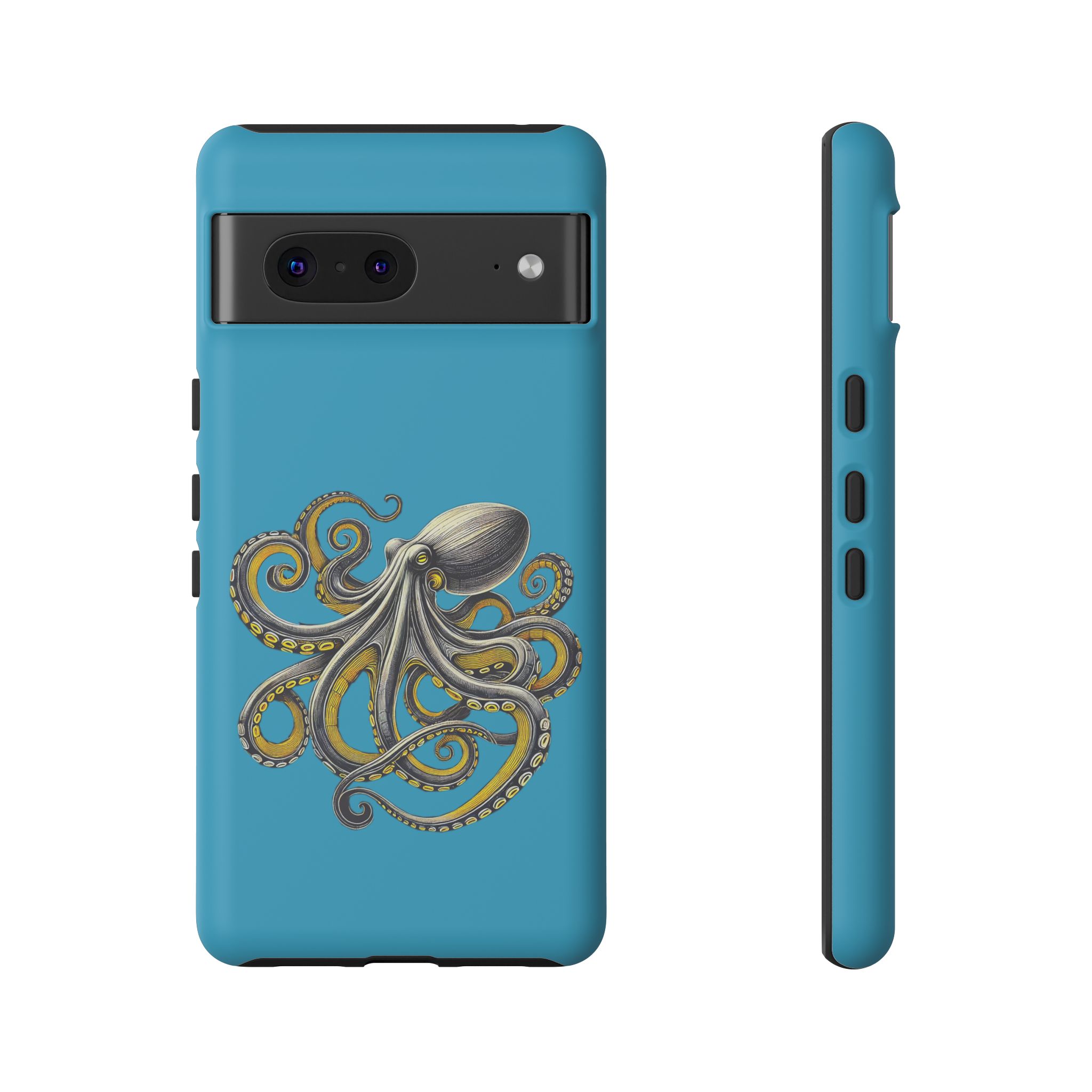 Phone case with a detailed octopus illustration on a blue background.