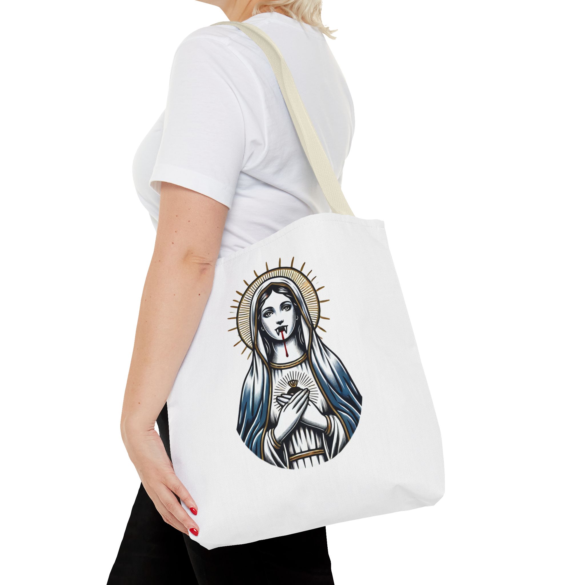 Ironic tote bag vampire Funny Bag virgin mary Canvas Tote bag religious sarcastic clothing gift satirical print cool Handbag purse bag – Image 22