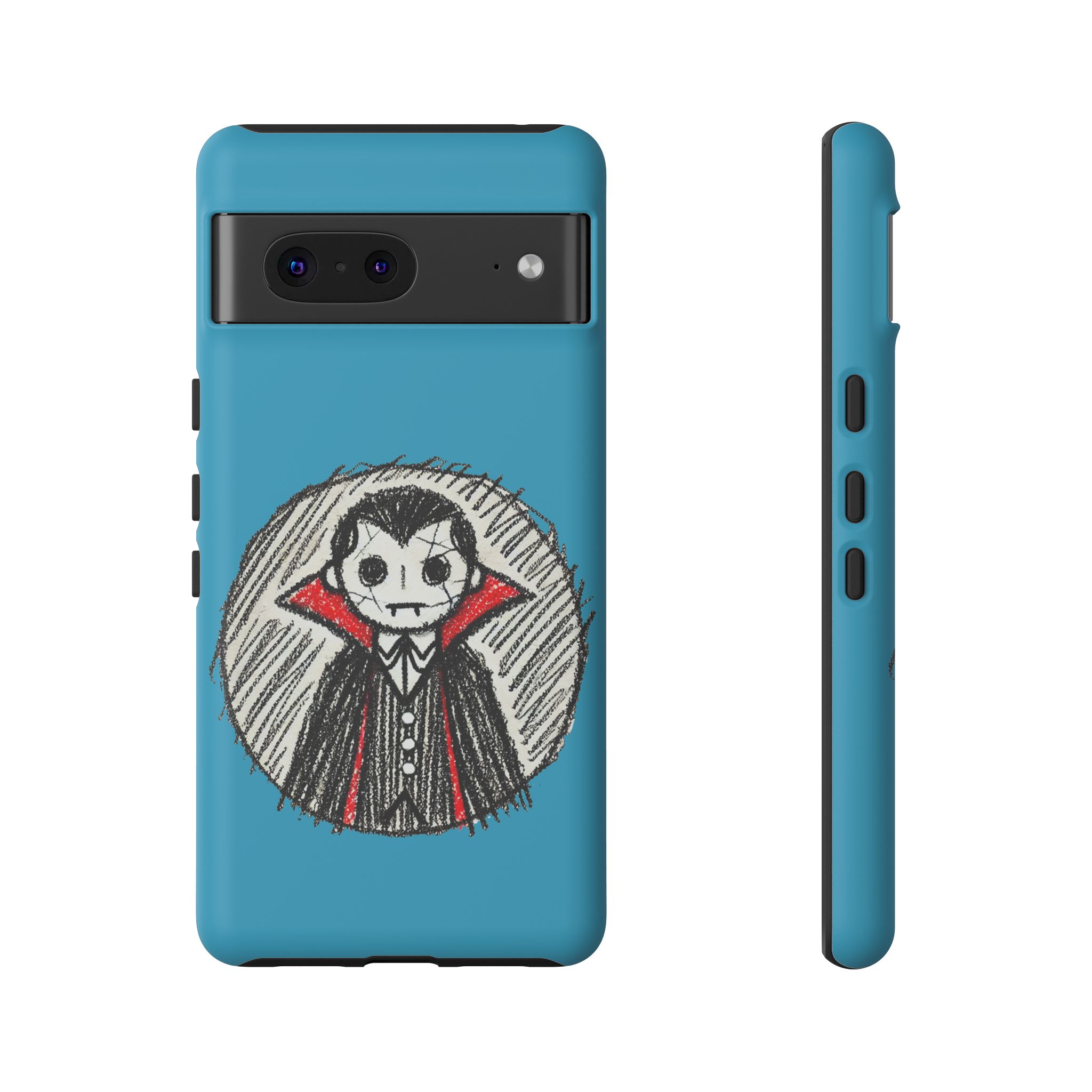 Blue phone case featuring a hand-drawn illustration of a Dracula character in a red cape.