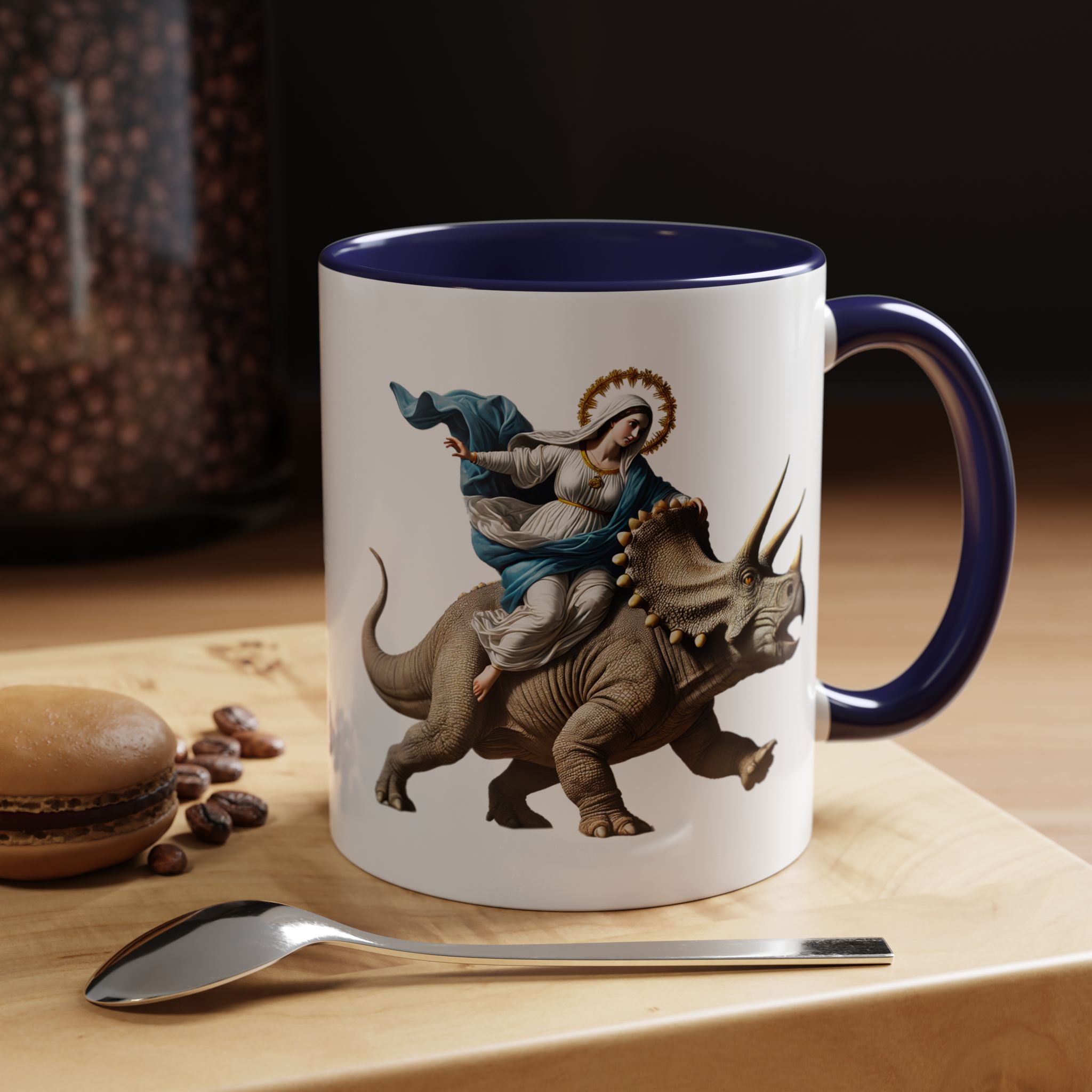 Sarcastic Coffee mug jurassic Virgin mary riding triceratops funny office mug boho gift tea cup cute accessory – Image 11
