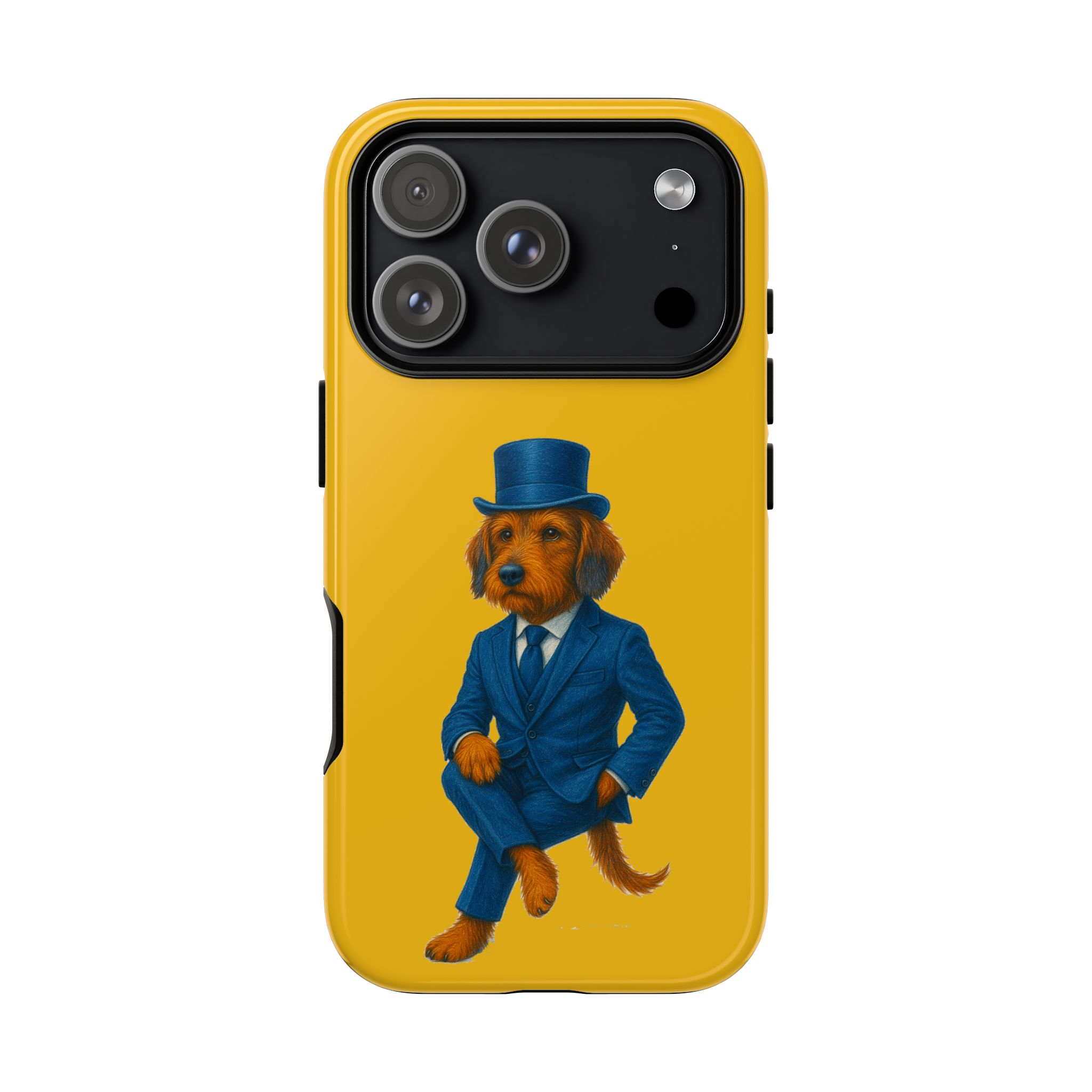 Phone case featuring an illustration of a dog in a blue suit and top hat against a yellow background.