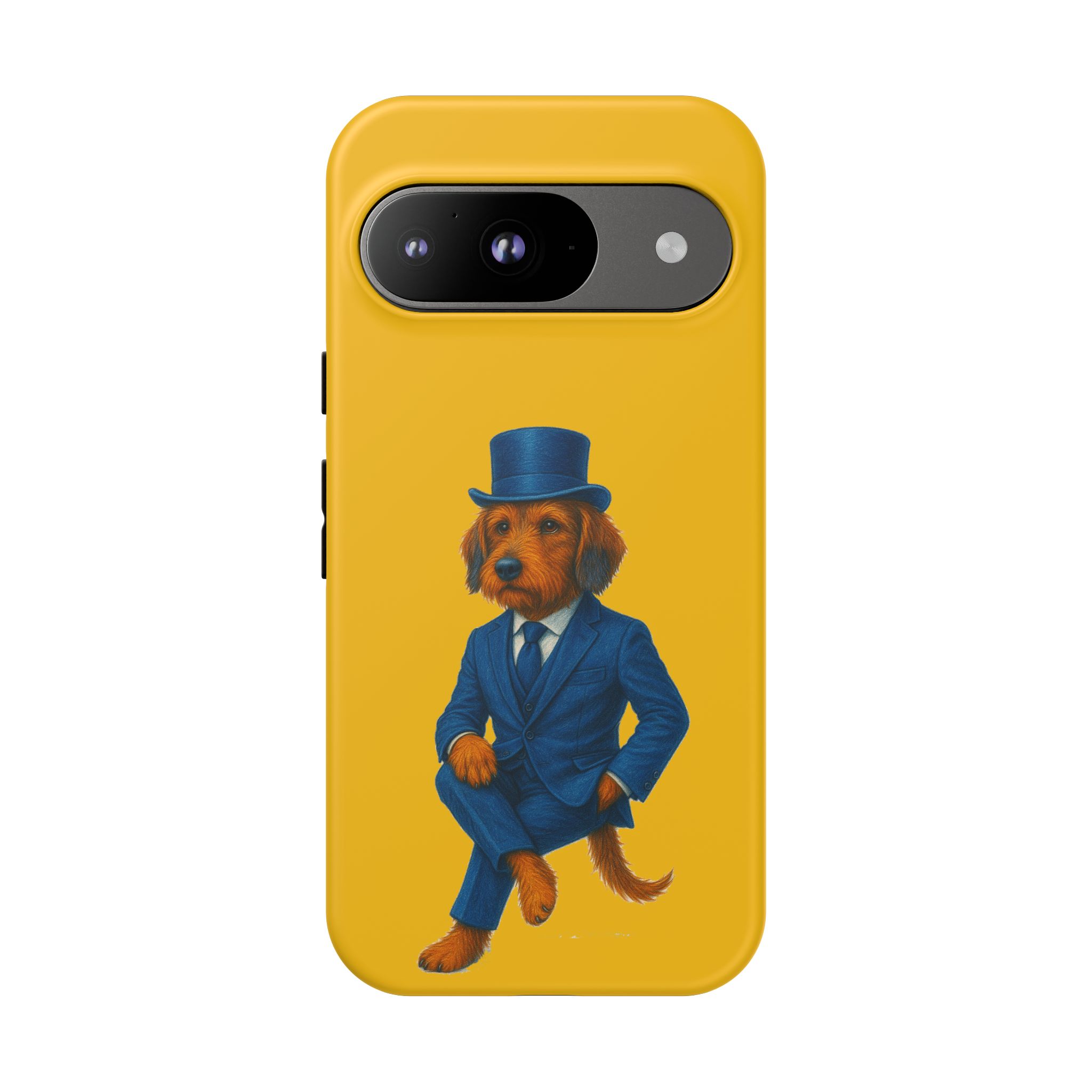 A phone case featuring an illustration of a dog in a blue suit and top hat against a yellow background.