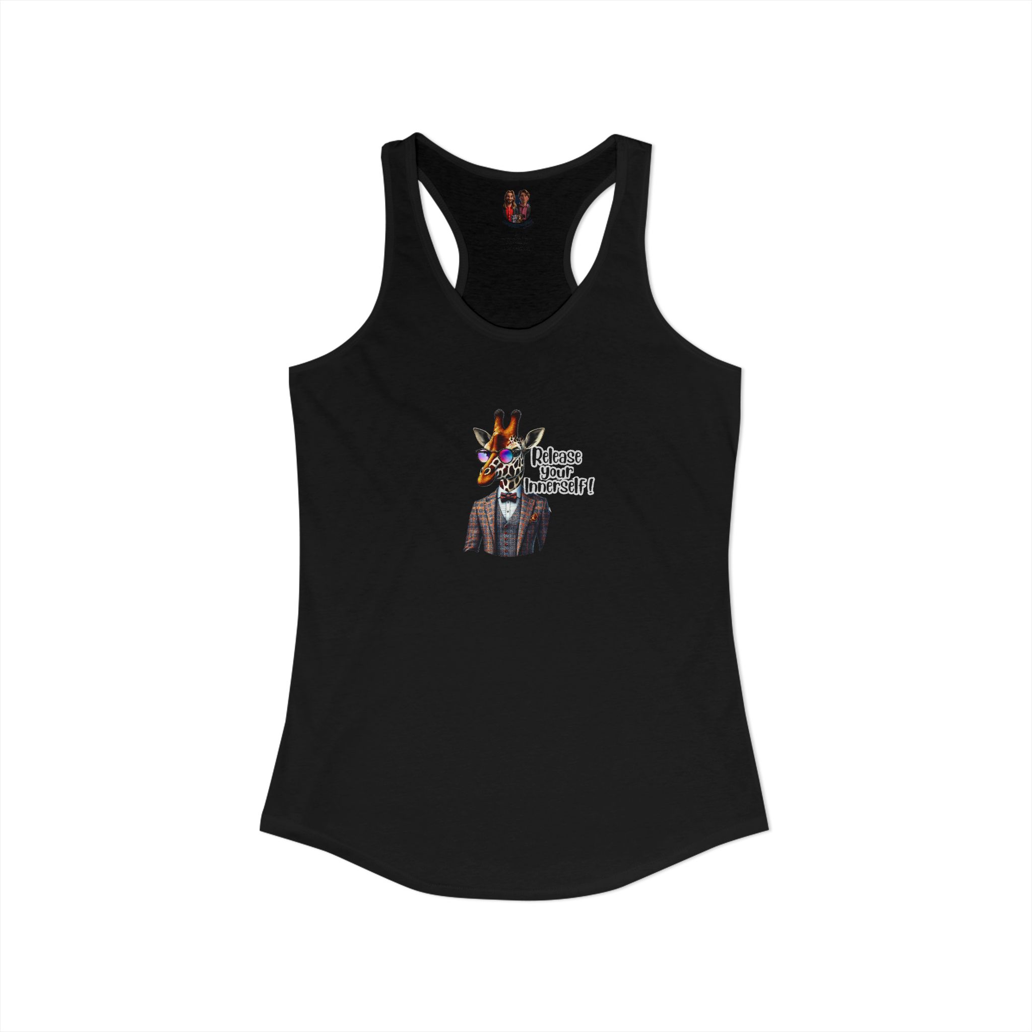 Black tank top featuring a colorful graphic design of a character with a crown and text.