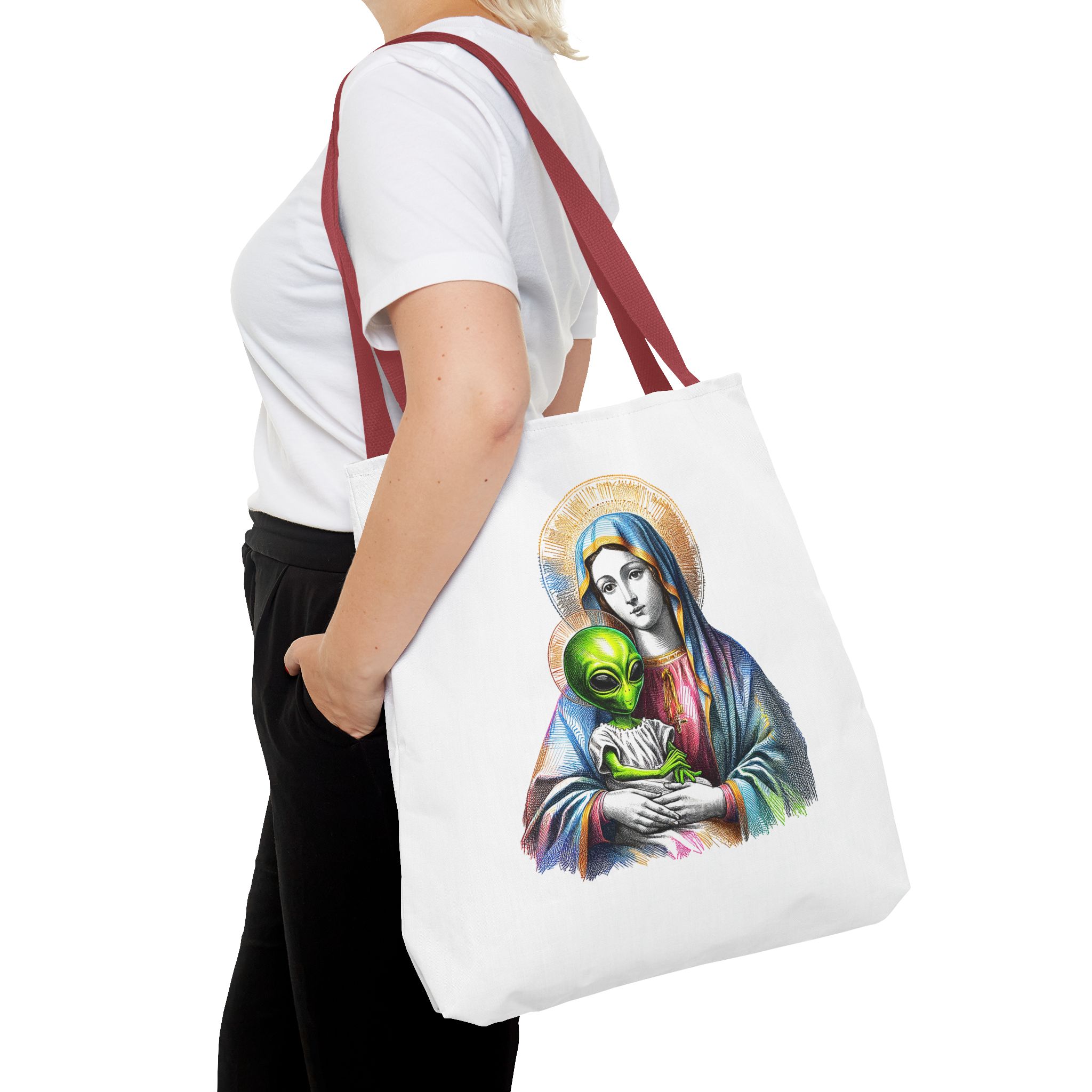 Satiric cute tote bag Boho shoulder bag Alien virgin mary retro shoulder bag fun gift religious design purse unique handbag – Image 12