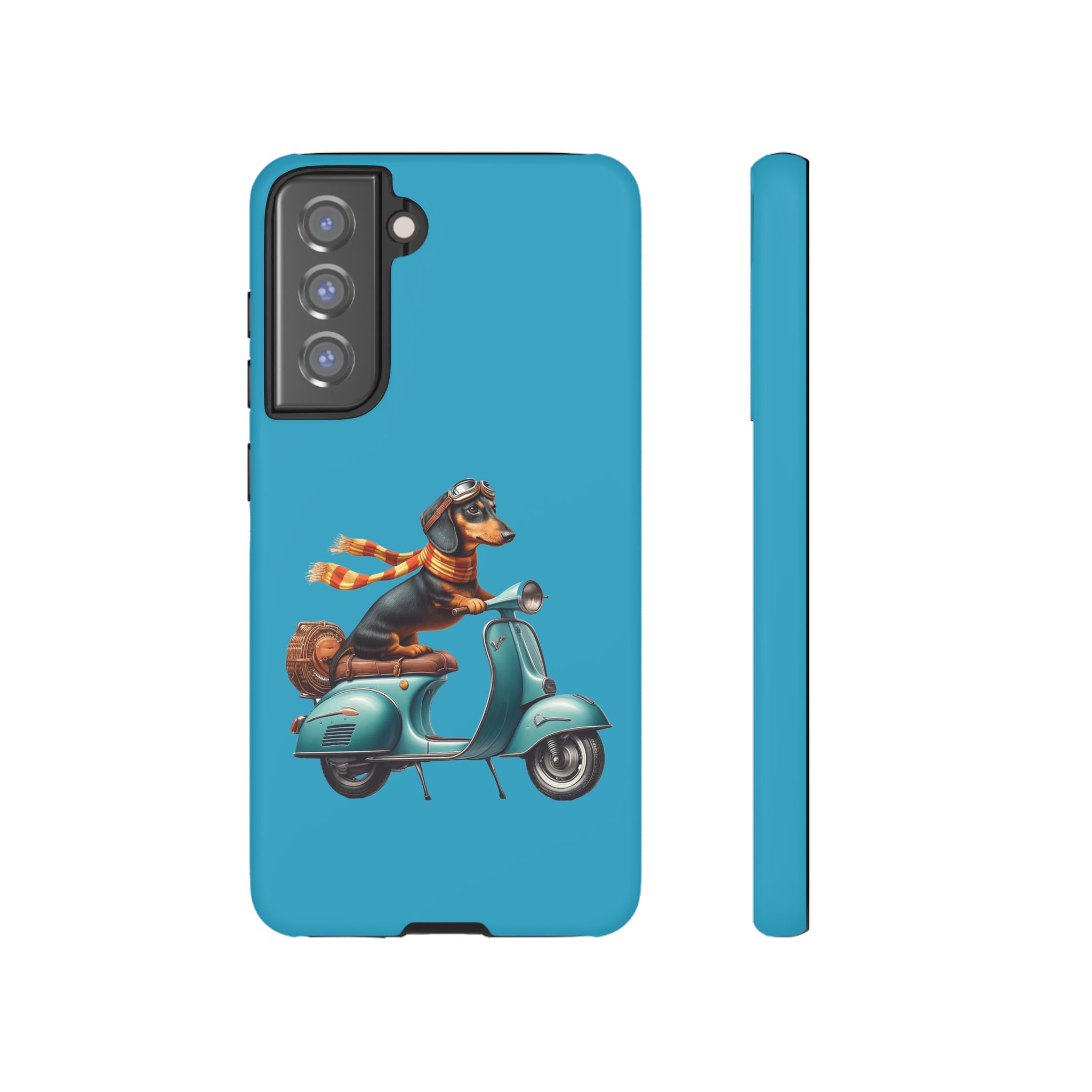 A phone case featuring a dachshund wearing goggles and a scarf riding a turquoise scooter.
