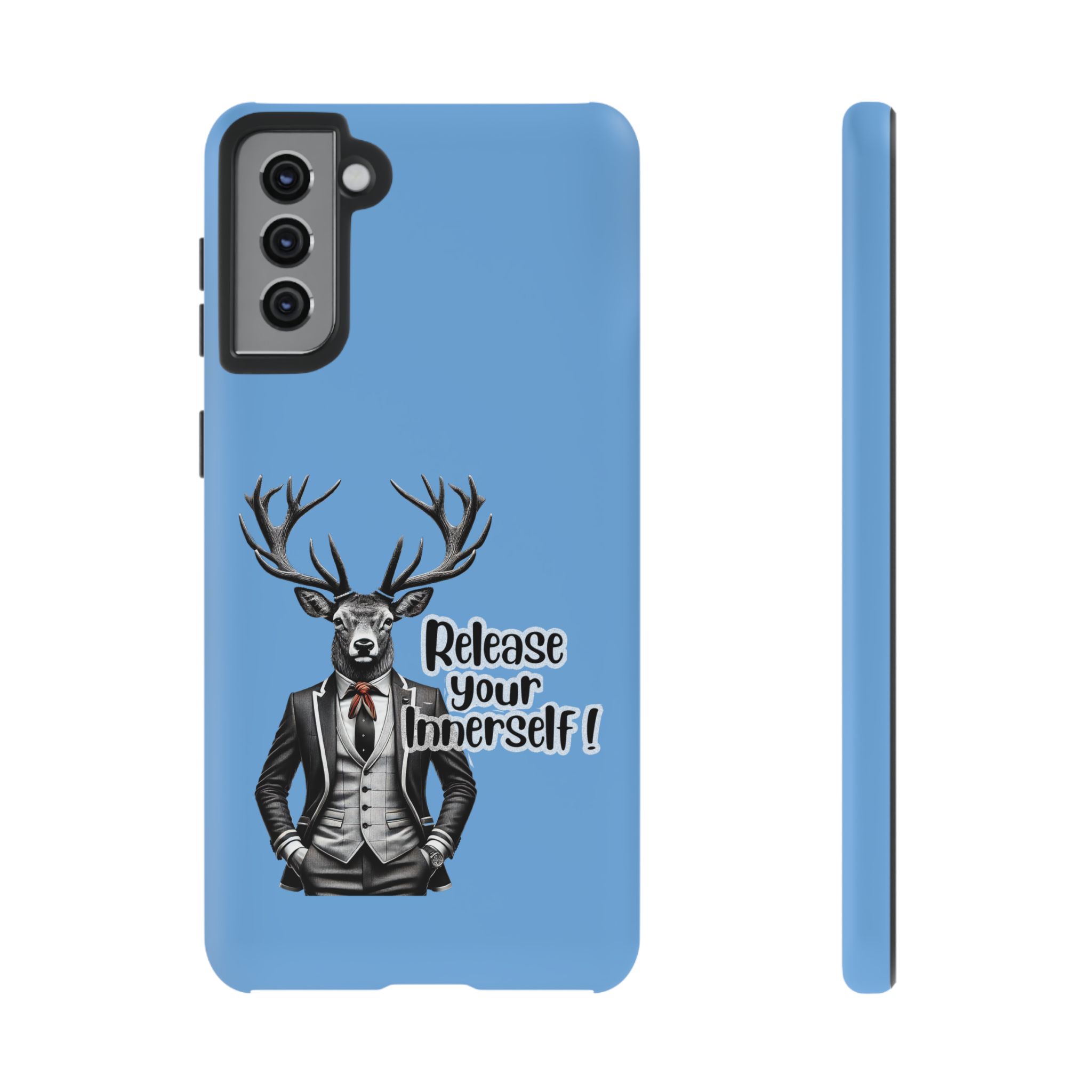 Blue phone case featuring a deer in a suit with the text 'Release your InnerSelf'.