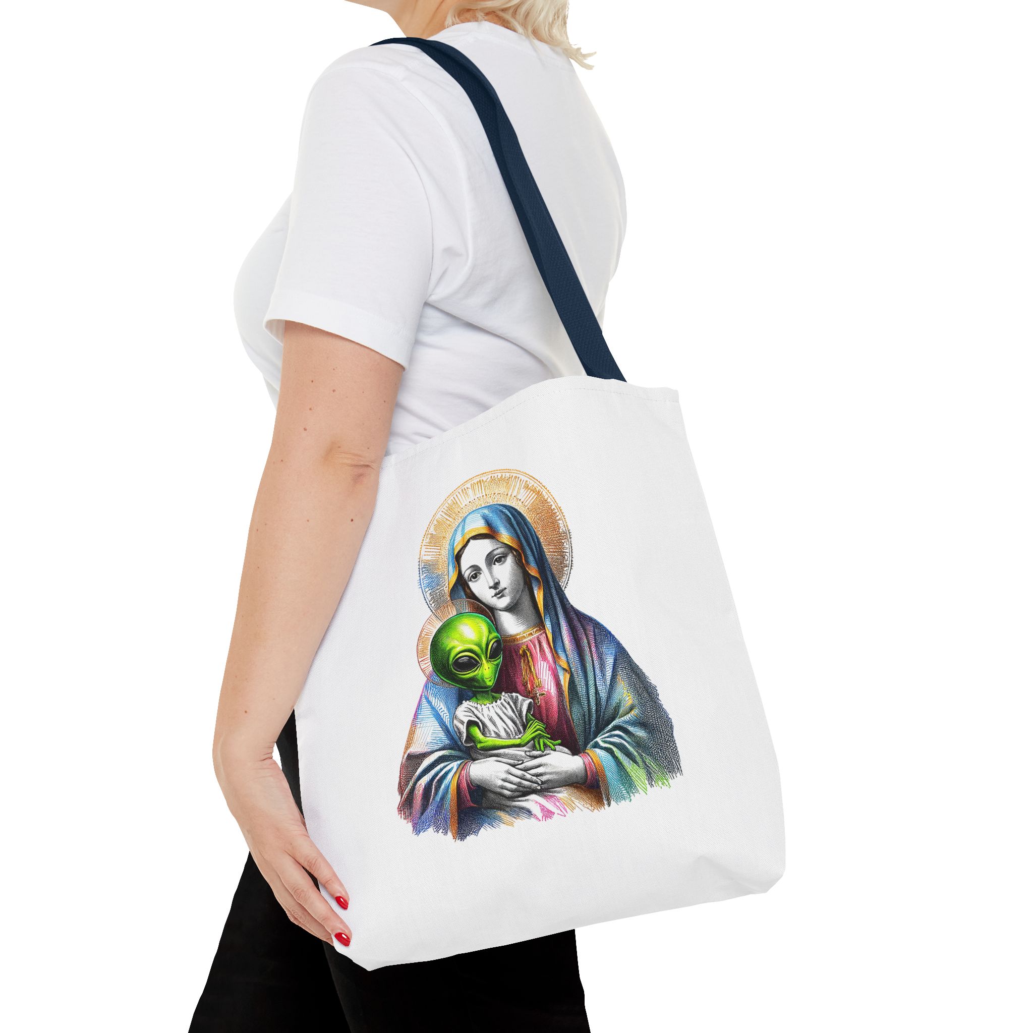 Satiric cute tote bag Boho shoulder bag Alien virgin mary retro shoulder bag fun gift religious design purse unique handbag – Image 28