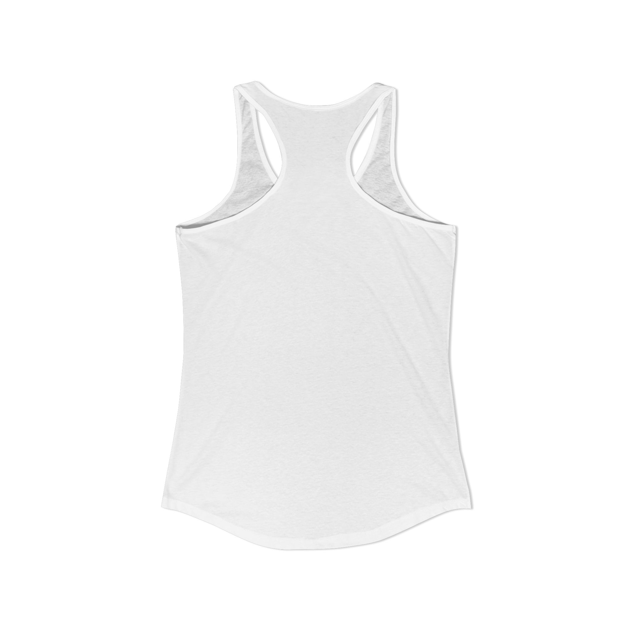 Plain white racerback tank top with a smooth fabric texture and curved hem.