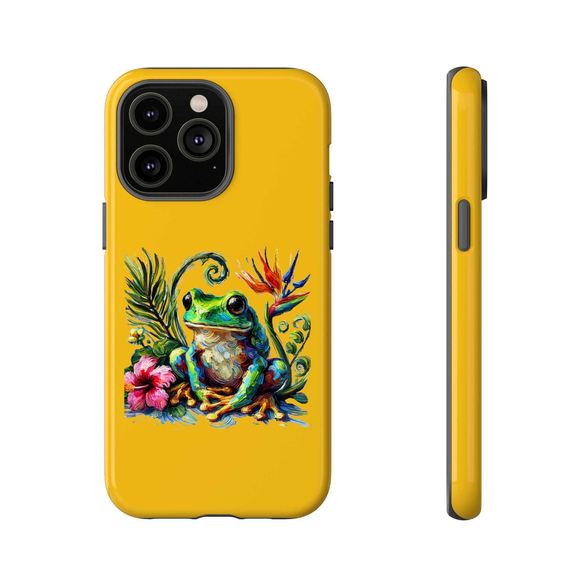 Vibrant yellow phone case featuring a colorful frog surrounded by tropical plants and flowers.