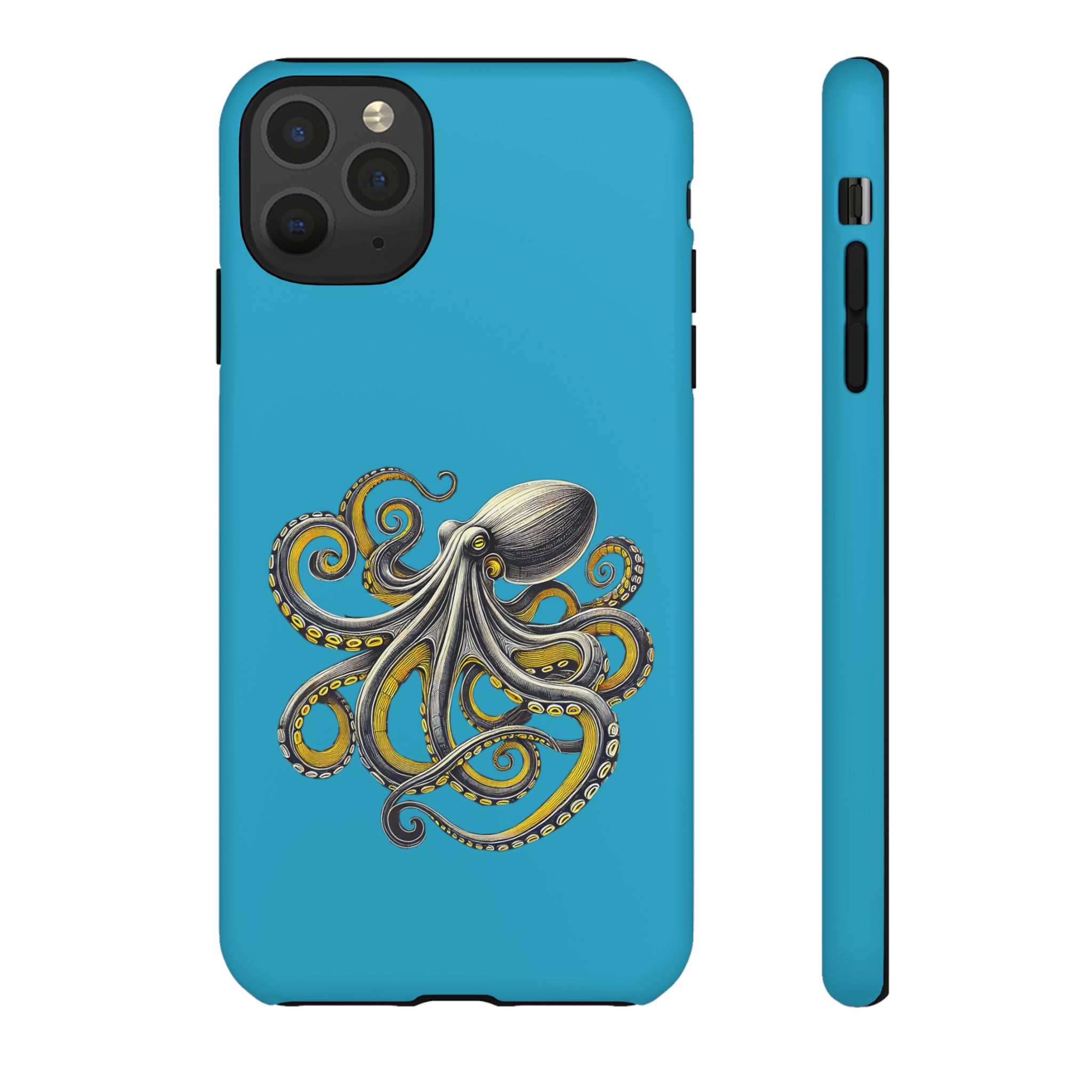 Phone case design featuring an illustrated octopus on a blue background.