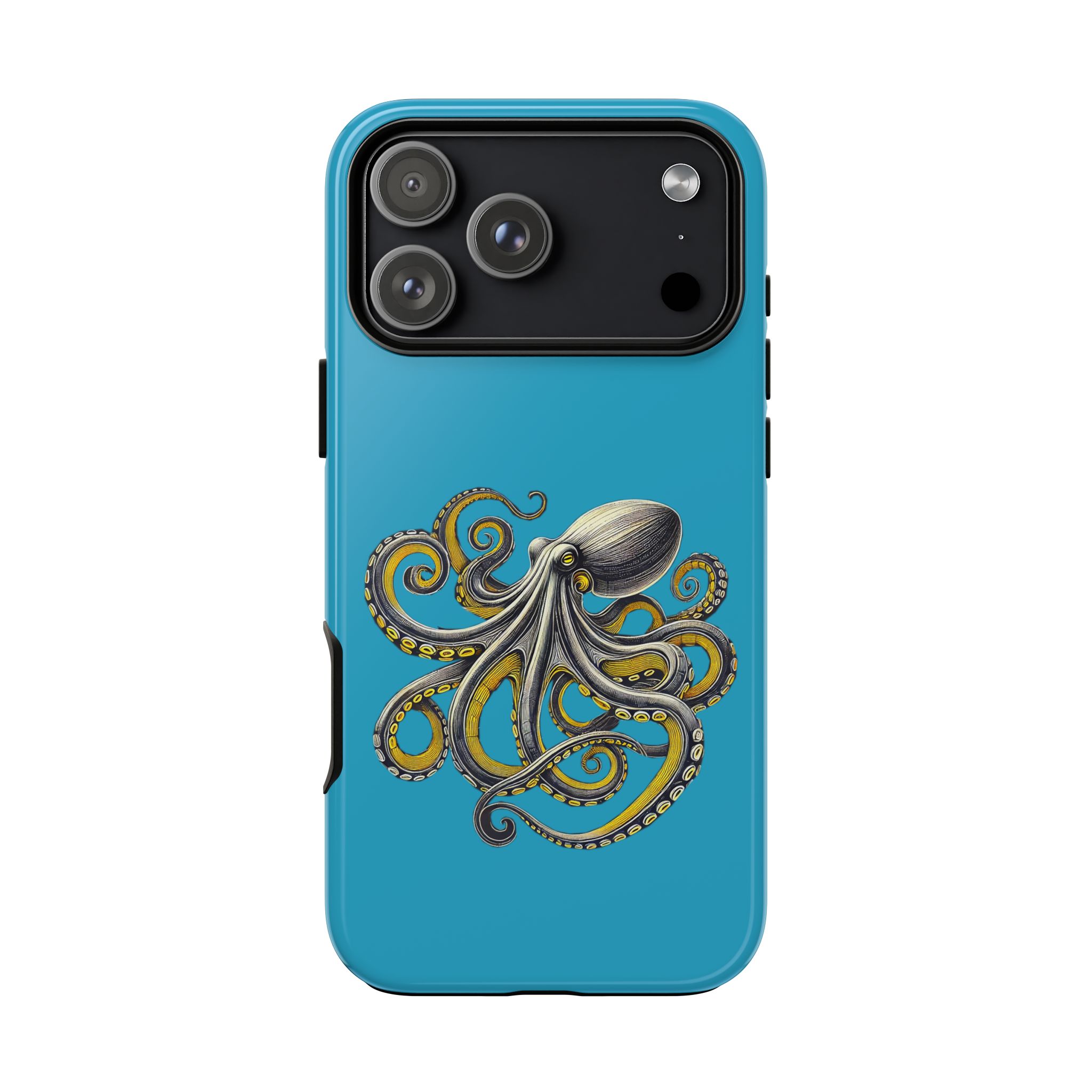 Phone case featuring an octopus design with vibrant colors on a blue background.
