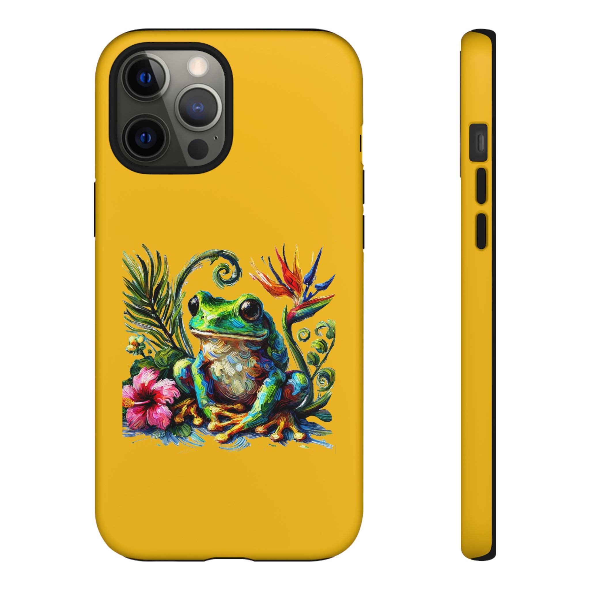 Vibrant phone case featuring a colorful frog surrounded by tropical flowers and plants on a yellow background.