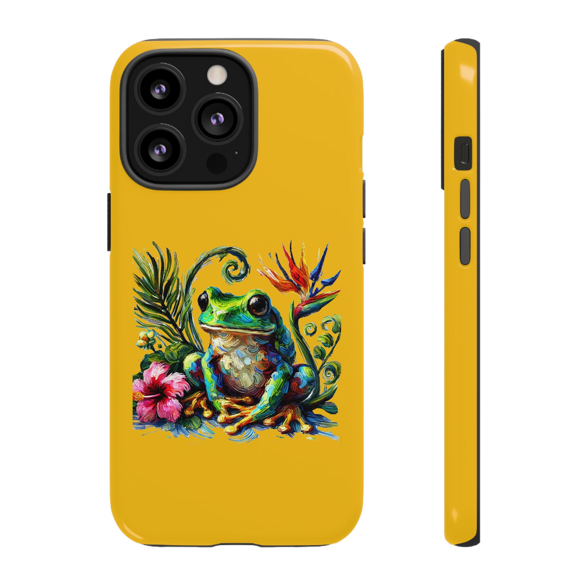 A vibrant phone case featuring a colorful frog design with flowers and leaves on a yellow background.