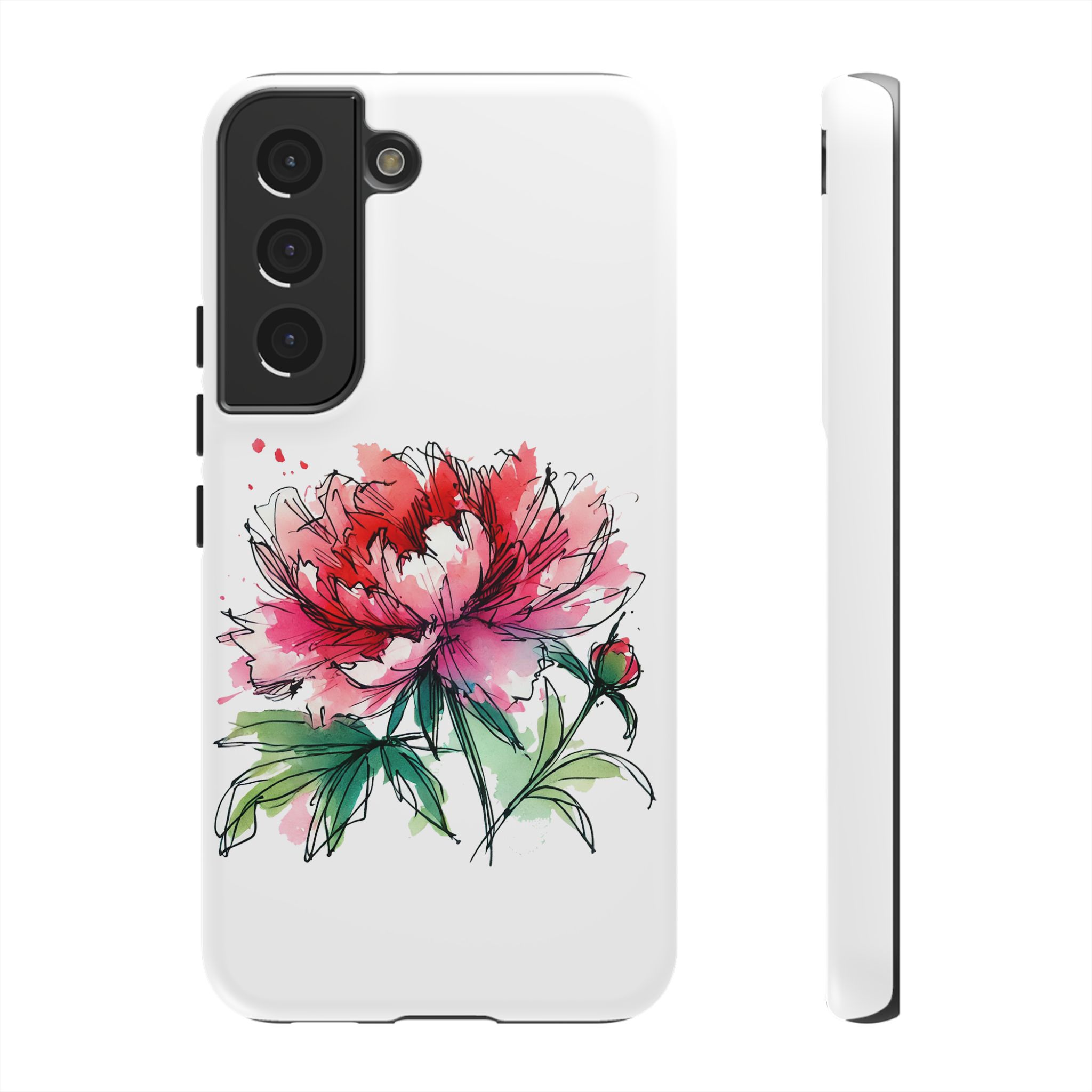 Illustration of a pink peony flower on a white phone case design.