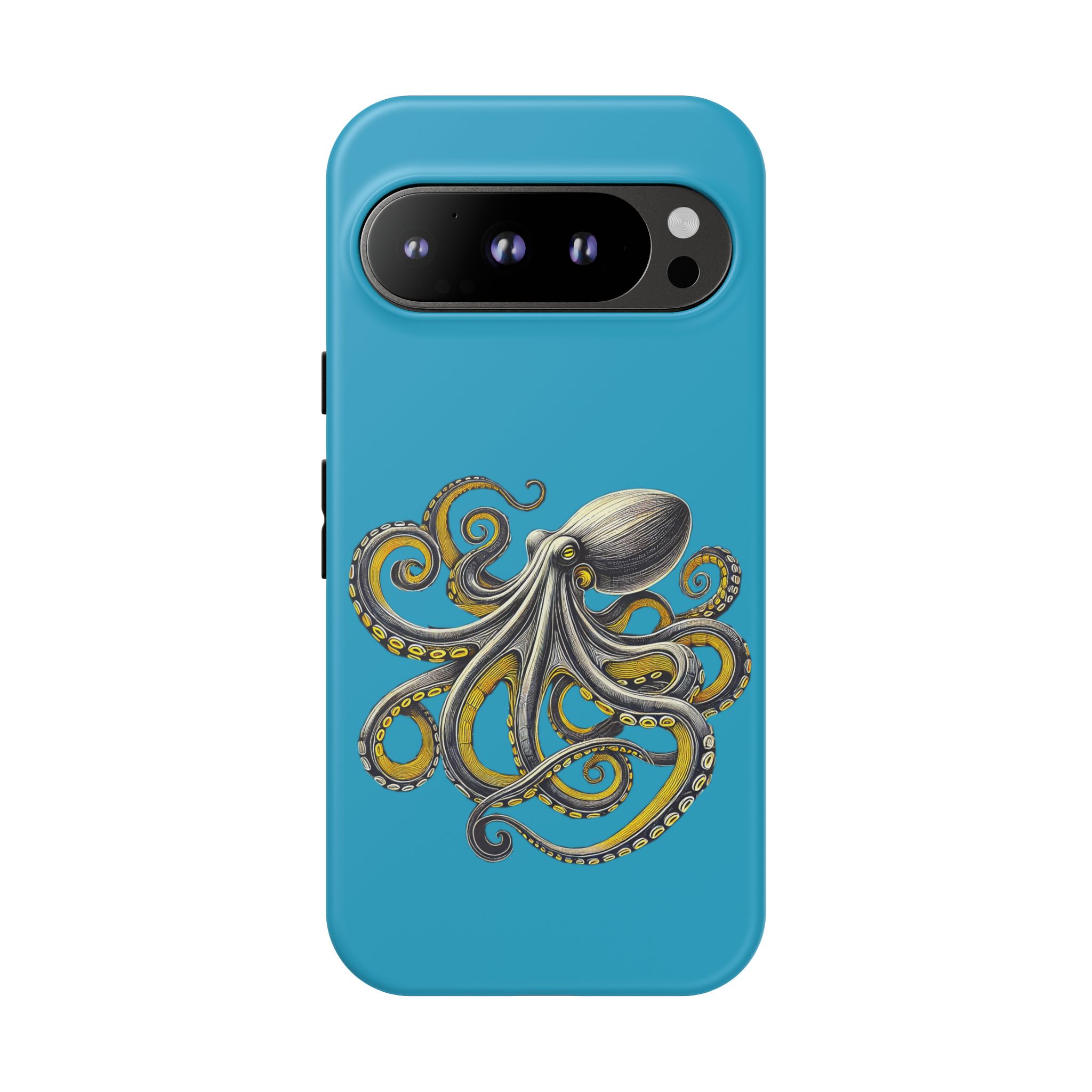 Phone case with a blue background featuring an illustrated octopus design in intricate detail.