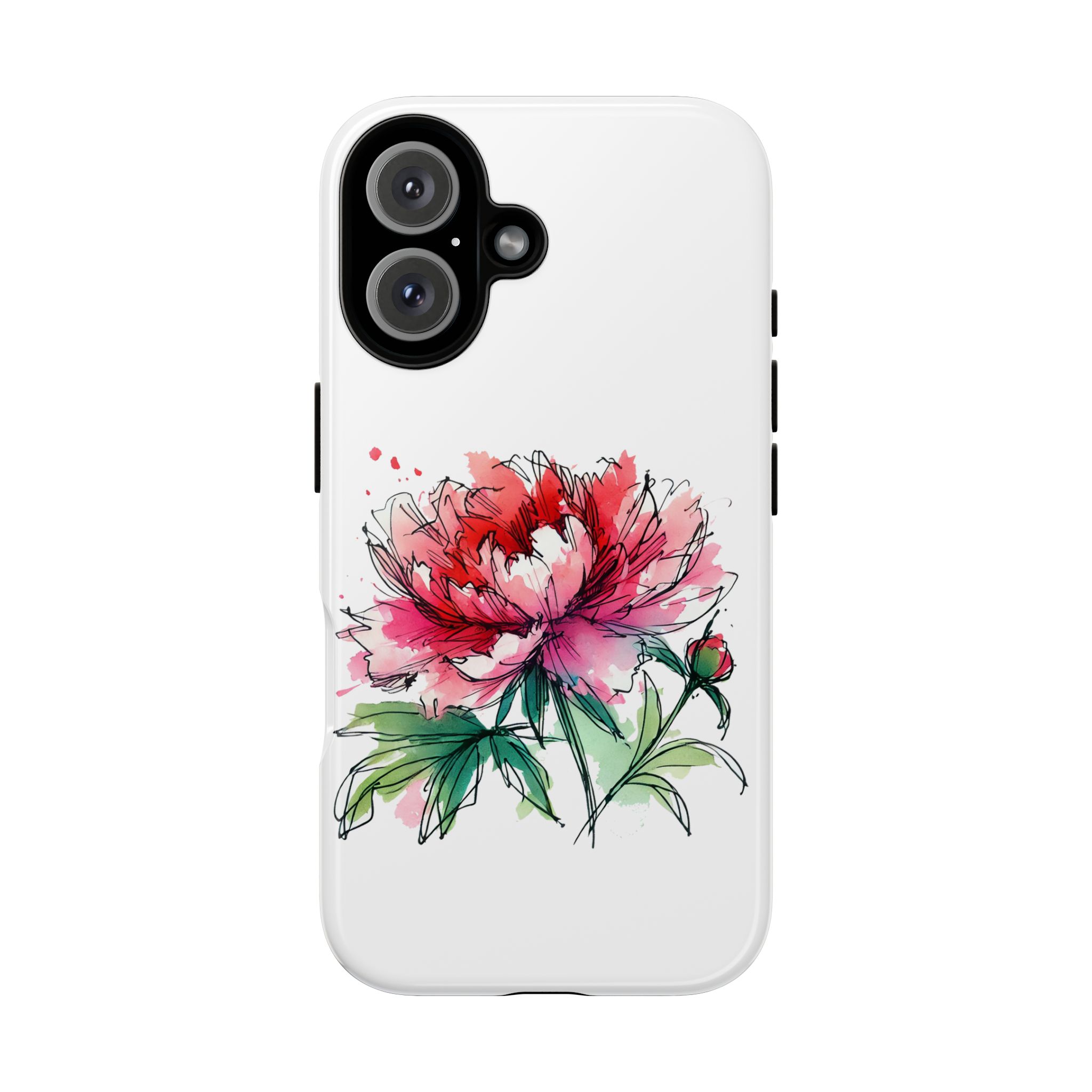 Illustration of a red and pink peony flower on a white phone case.