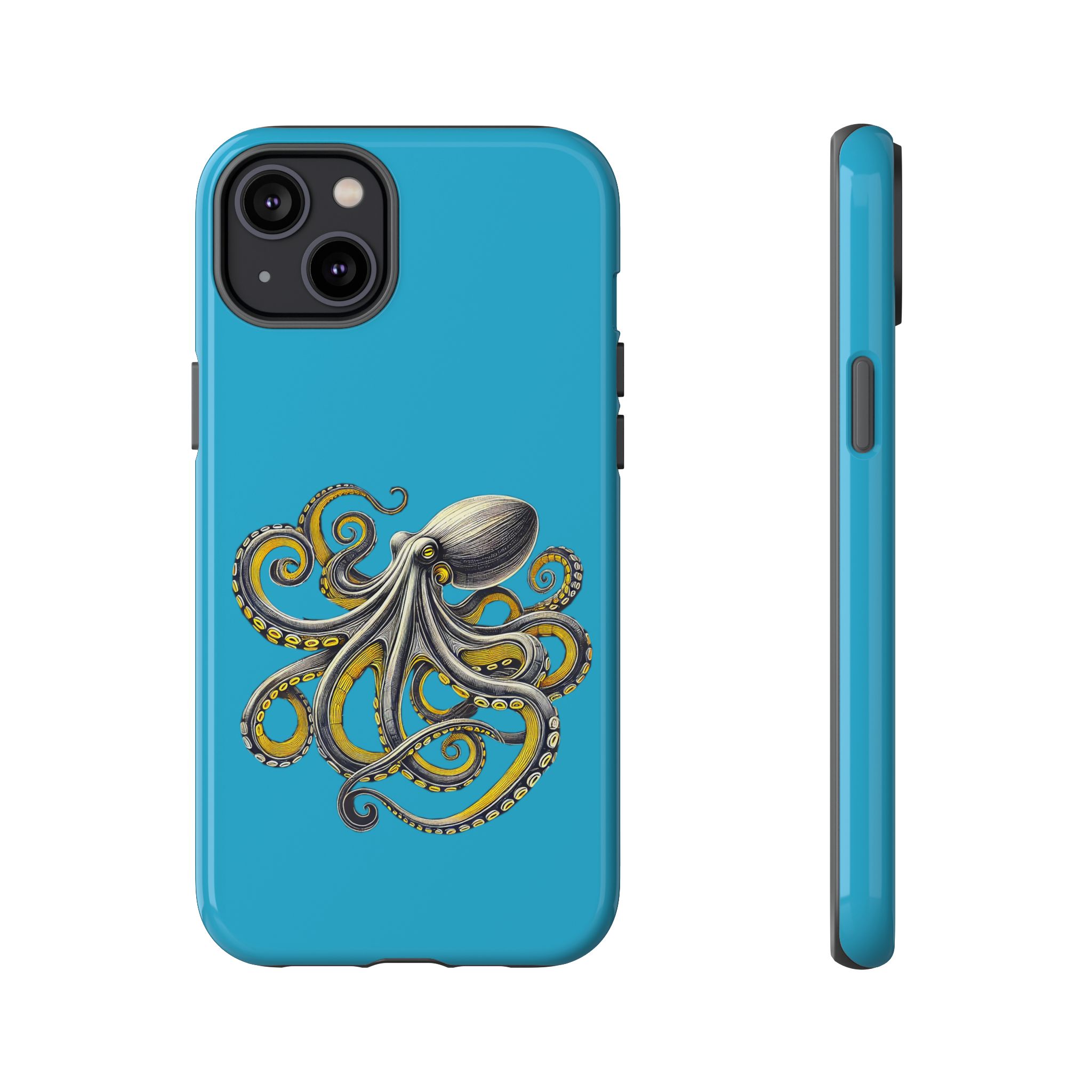 Phone case with a detailed illustration of an octopus on a blue background.