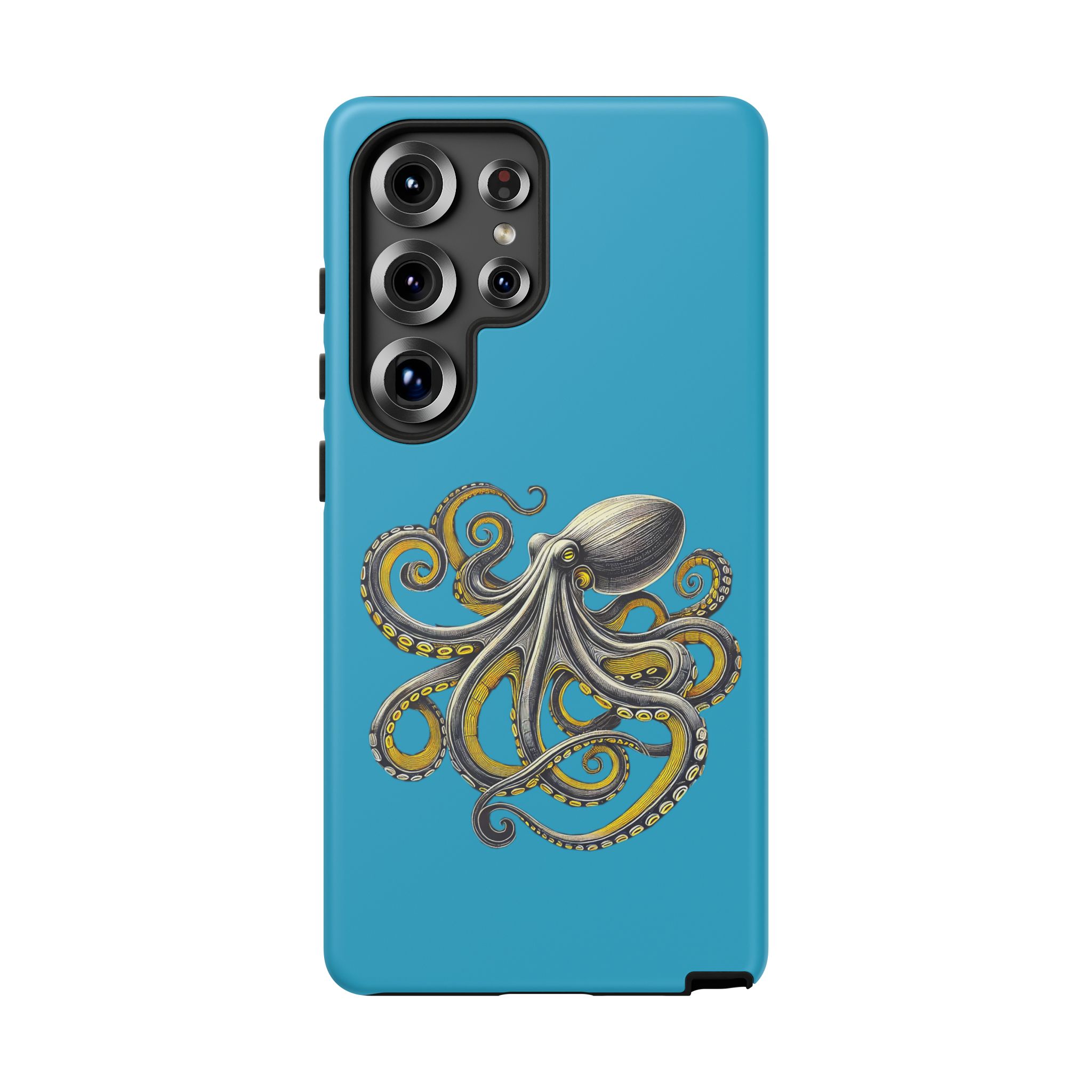 Colorful octopus illustration on a blue phone case with multiple camera lenses.