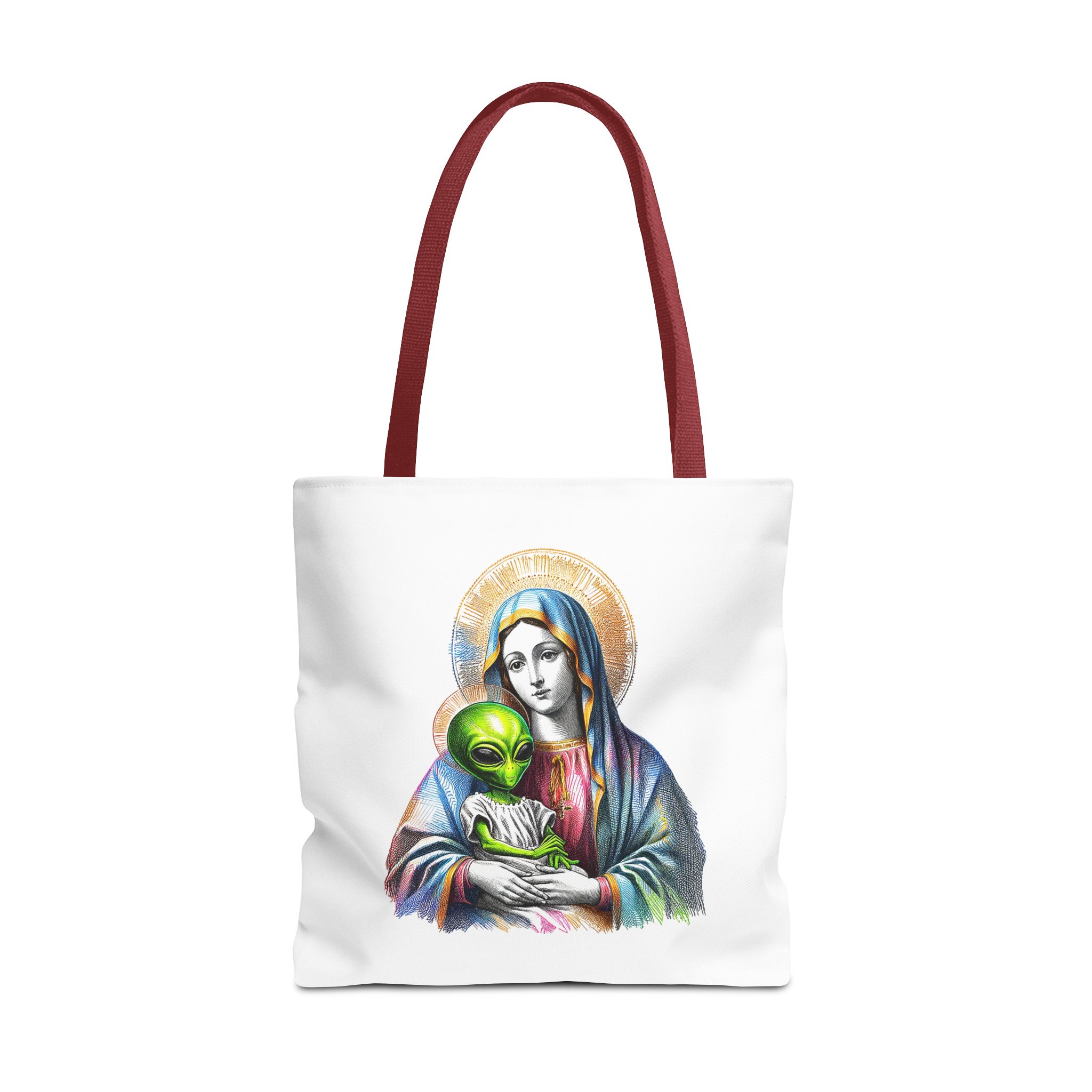 Satiric cute tote bag Boho shoulder bag Alien virgin mary retro shoulder bag fun gift religious design purse unique handbag – Image 11