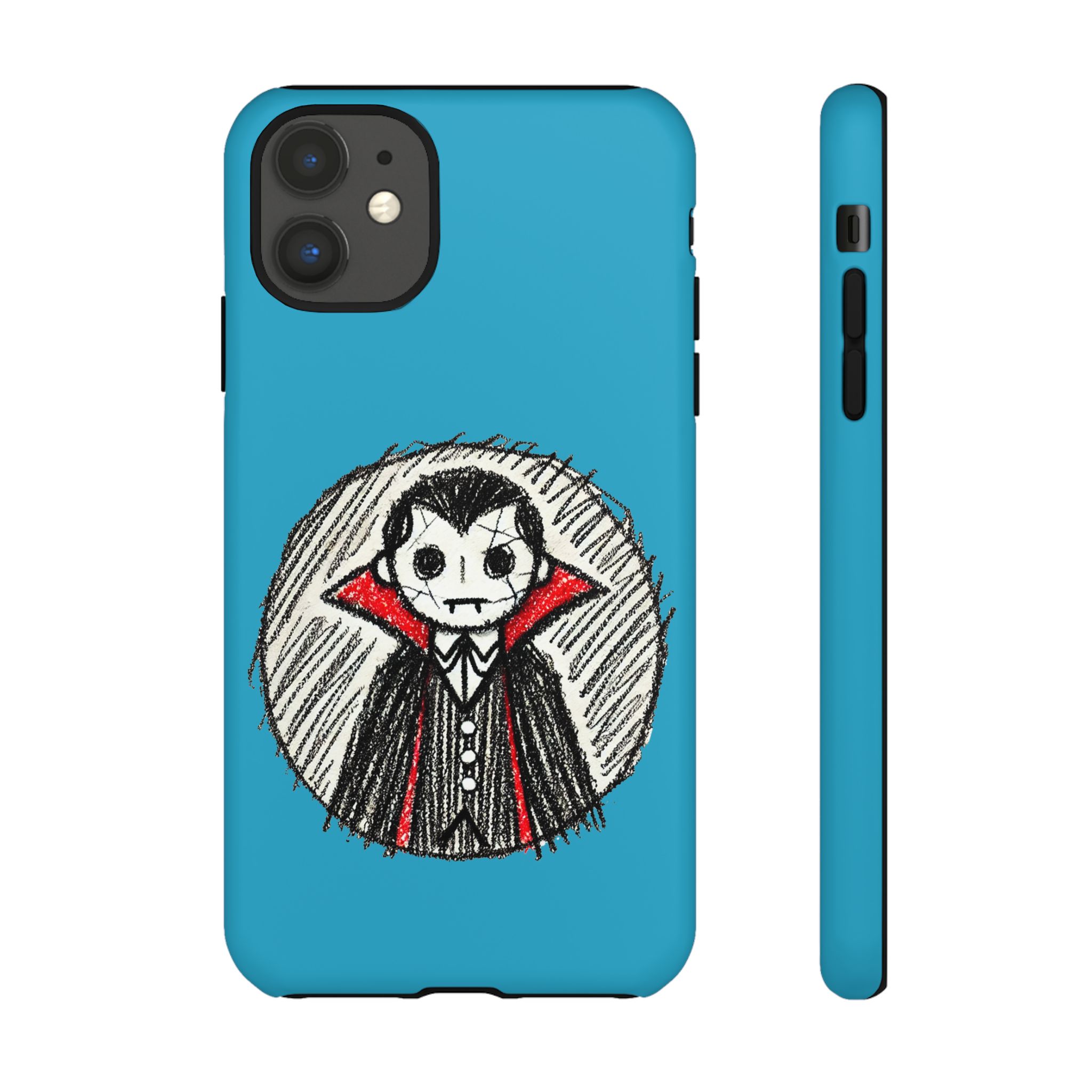 Phone case featuring a vampire character with a red collar against a blue background.