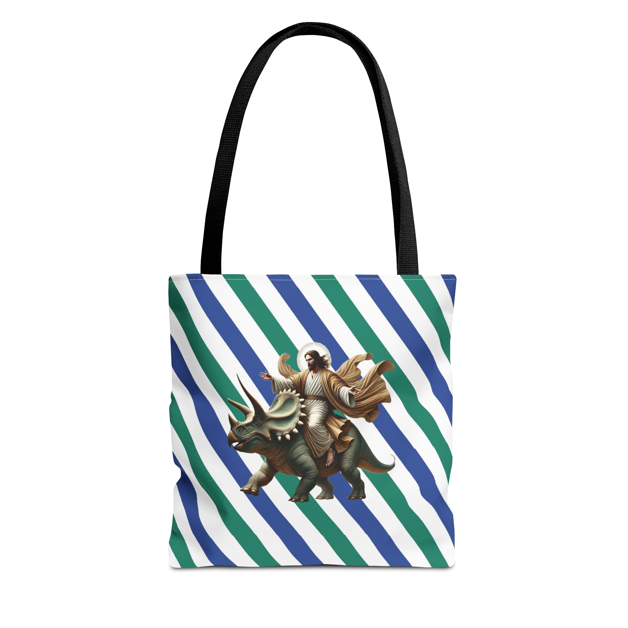 Fun canvas tote bag jurassic boho tote bag Jesus riding triceratops shoulder bag satiric purse religious design sarcastic cute tote bag