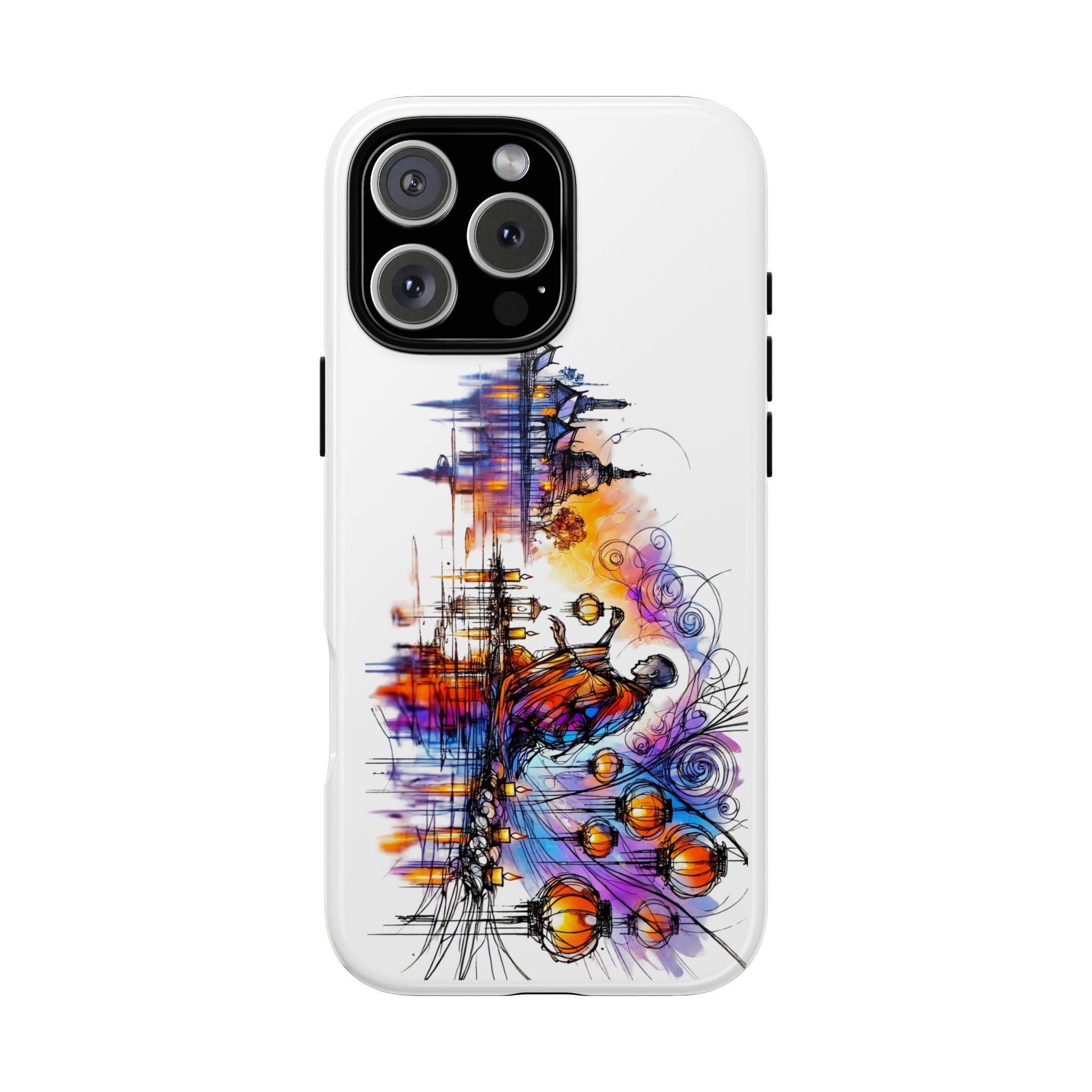 Abstract artwork on a phone case featuring vibrant colors and a stylized figure.