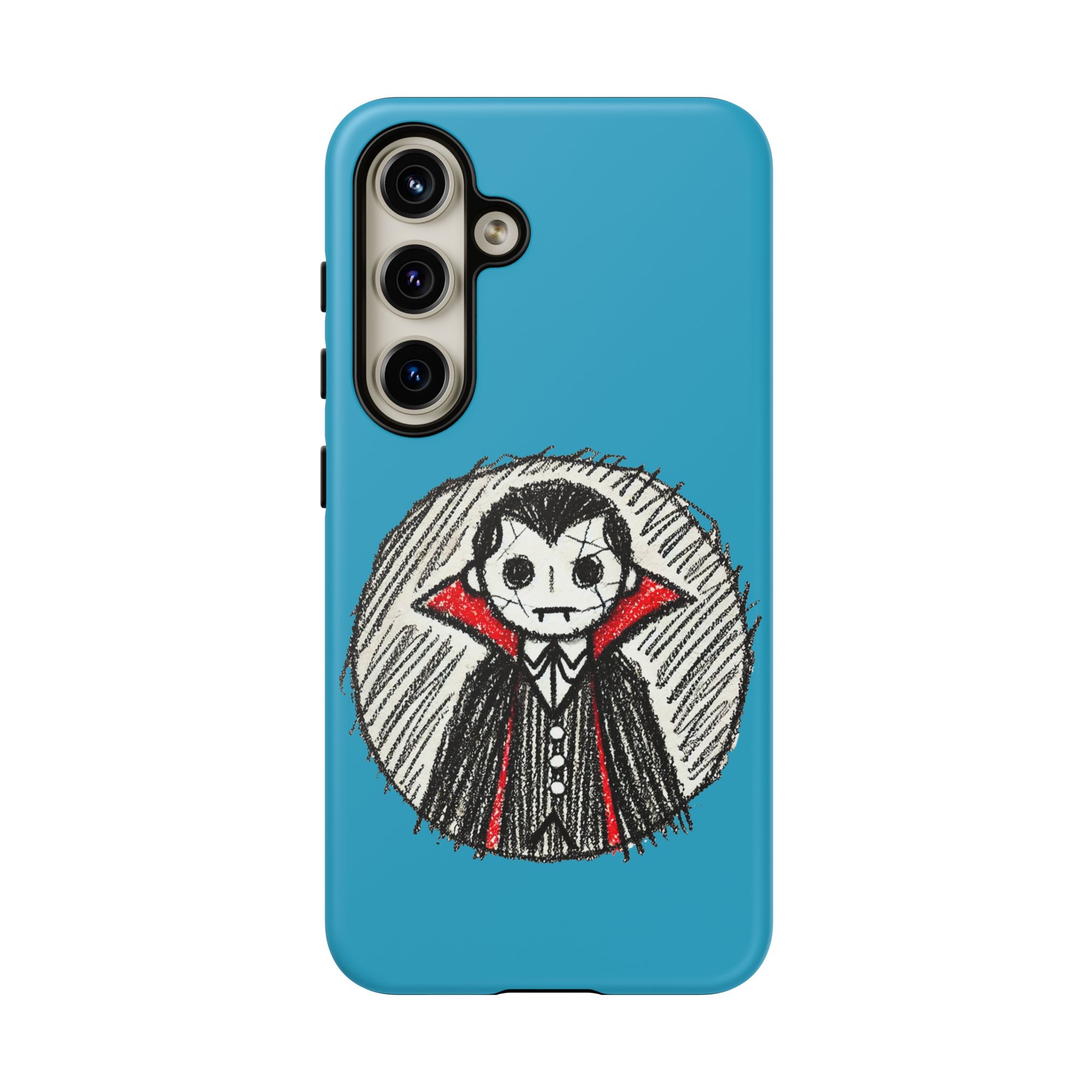 Blue phone case featuring a hand-drawn illustration of a Dracula character in a red cape.