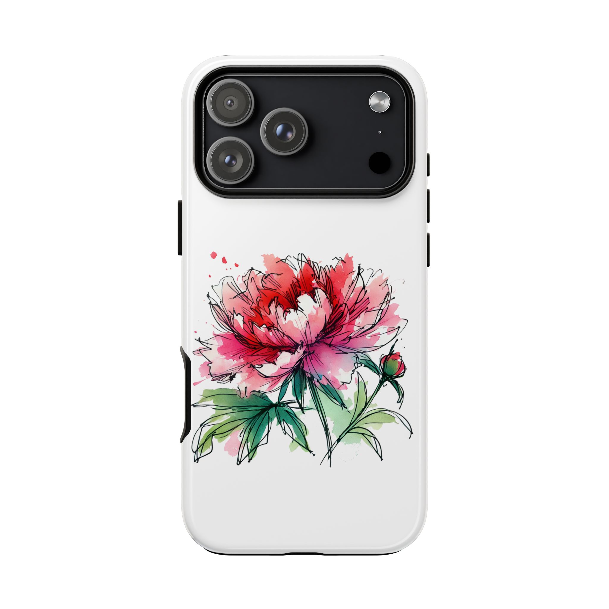 Phone case featuring a colorful peony flower illustration on a white background.