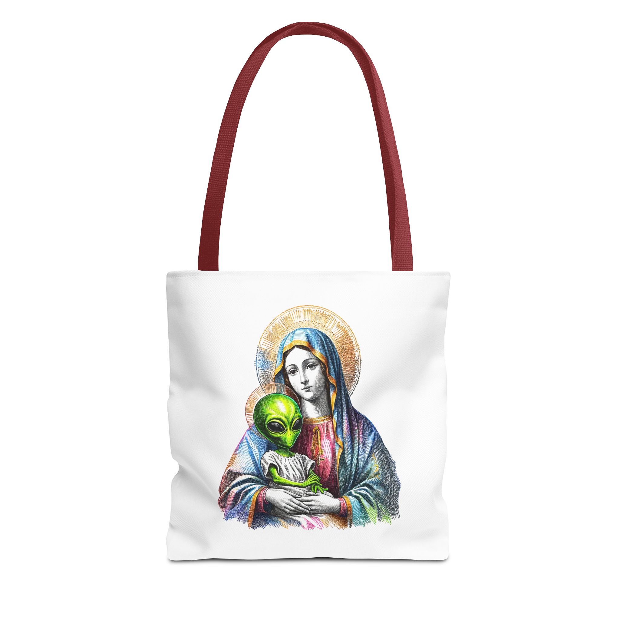 Satiric cute tote bag Boho shoulder bag Alien virgin mary retro shoulder bag fun gift religious design purse unique handbag – Image 7