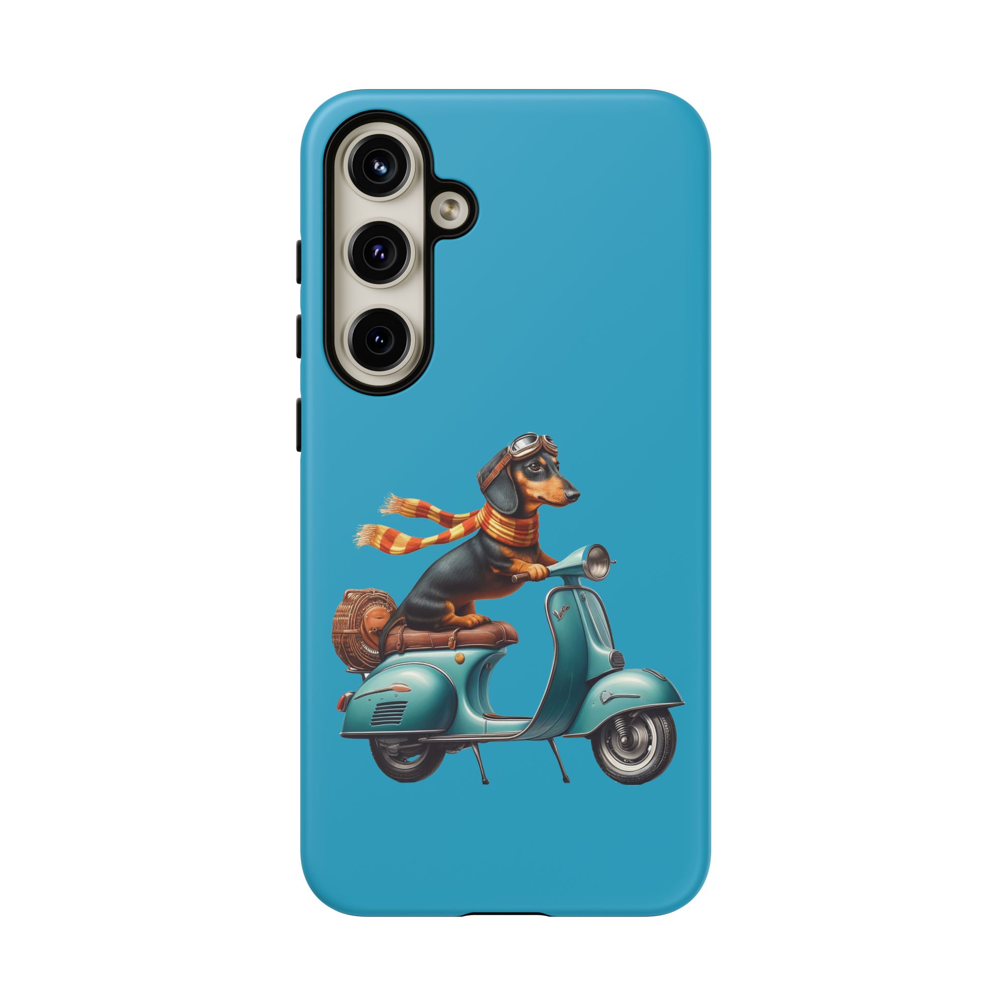 A phone case featuring a dachshund wearing goggles and a scarf while riding a vintage scooter.