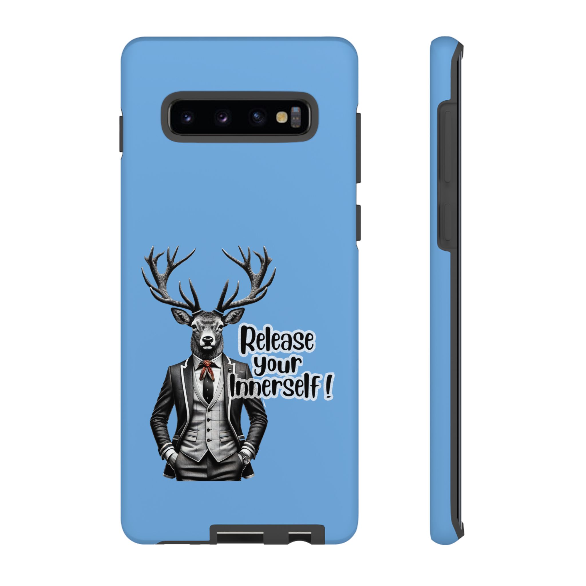 Blue phone case featuring a deer wearing a suit and the text 'Release your innerself'.
