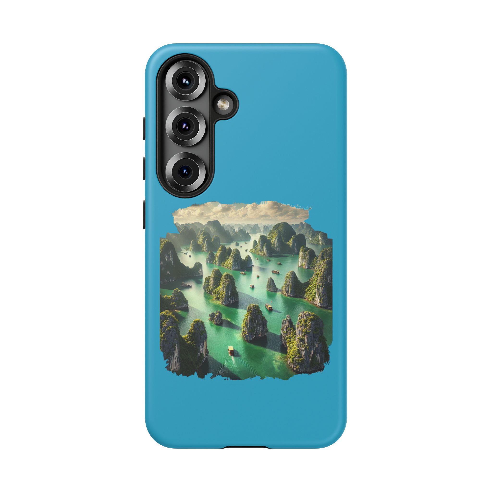 Phone case featuring a landscape design with green islands and water in a blue background.