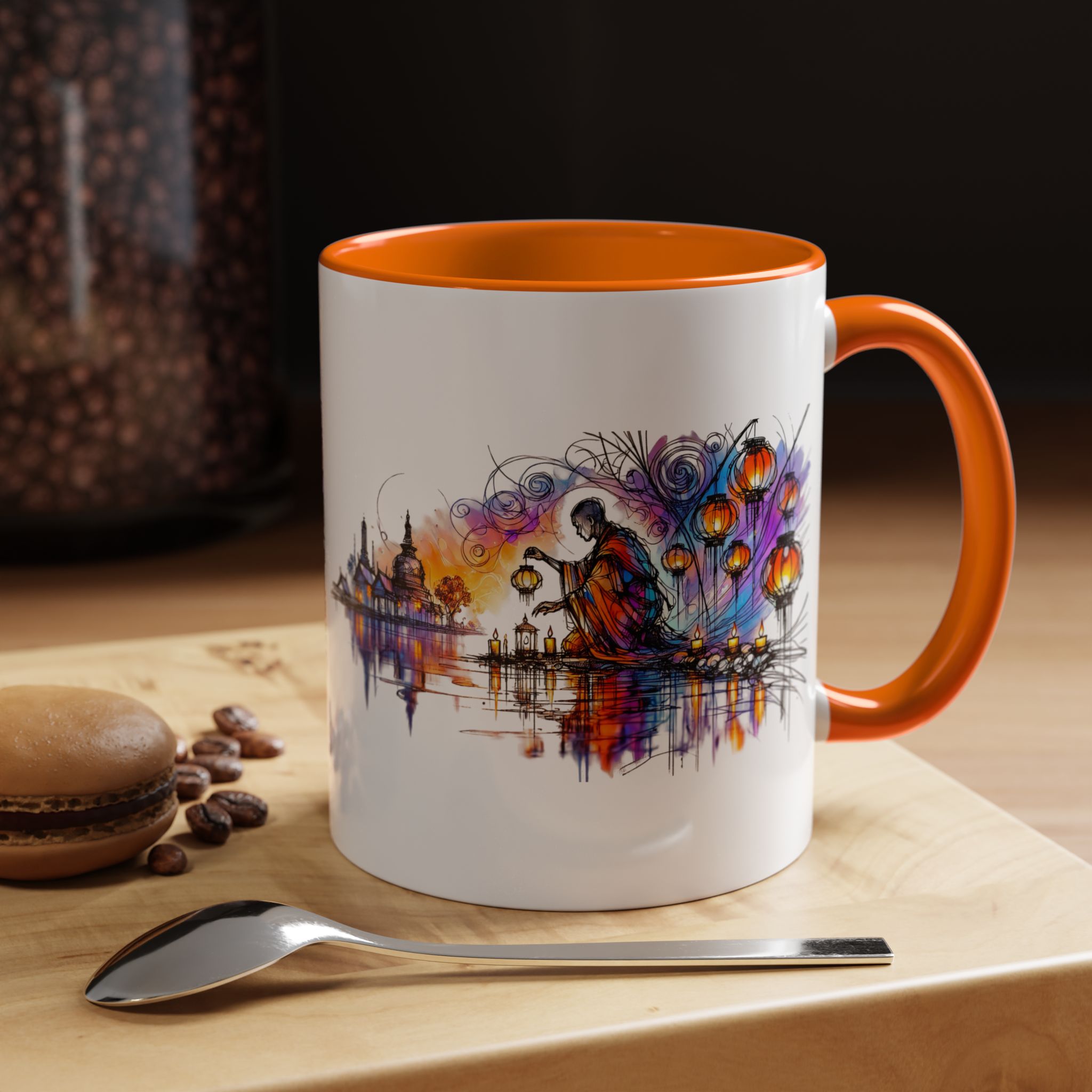 Artistic mug with an orange handle featuring a colorful design of a figure by a river with lanterns.