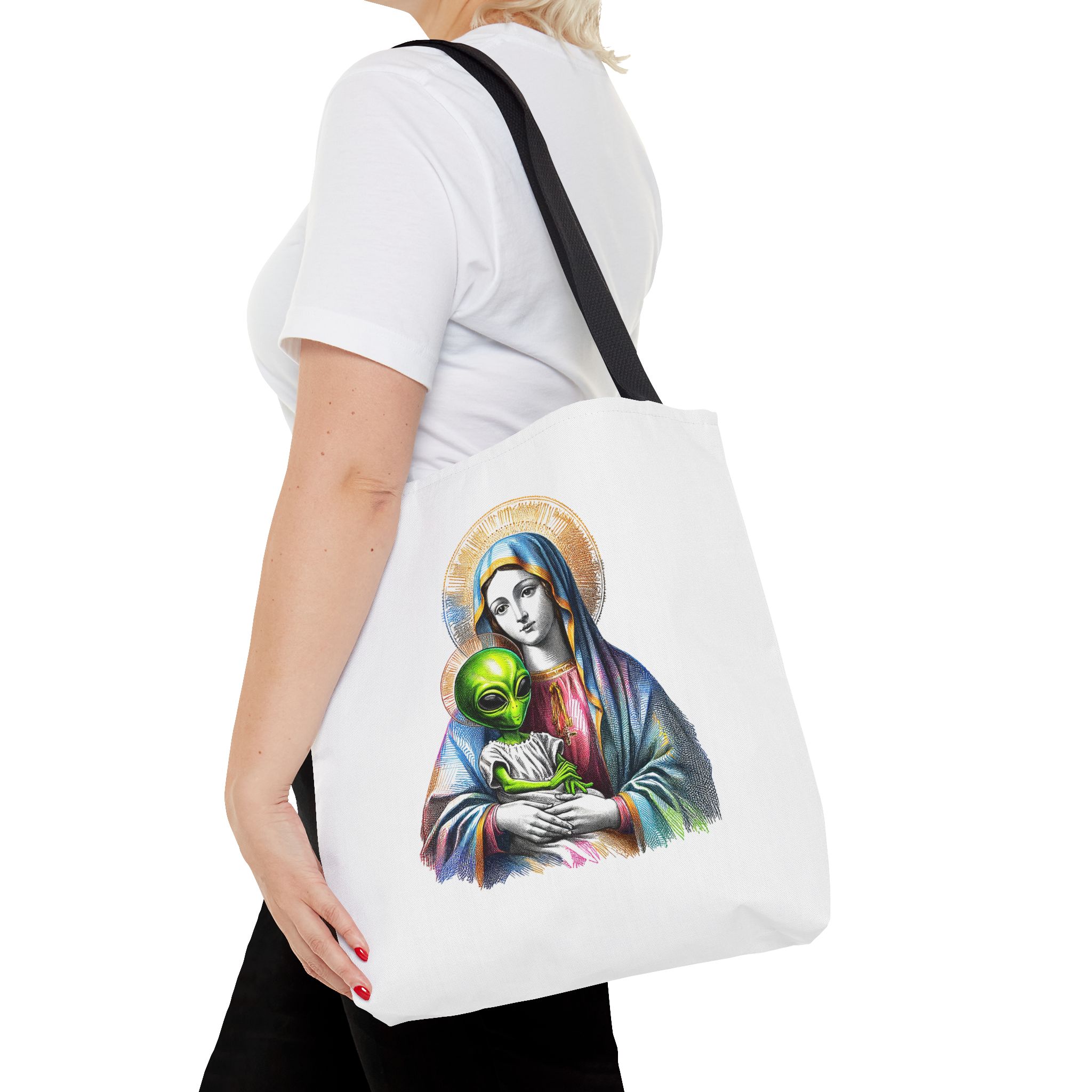 Satiric cute tote bag Boho shoulder bag Alien virgin mary retro shoulder bag fun gift religious design purse unique handbag – Image 4