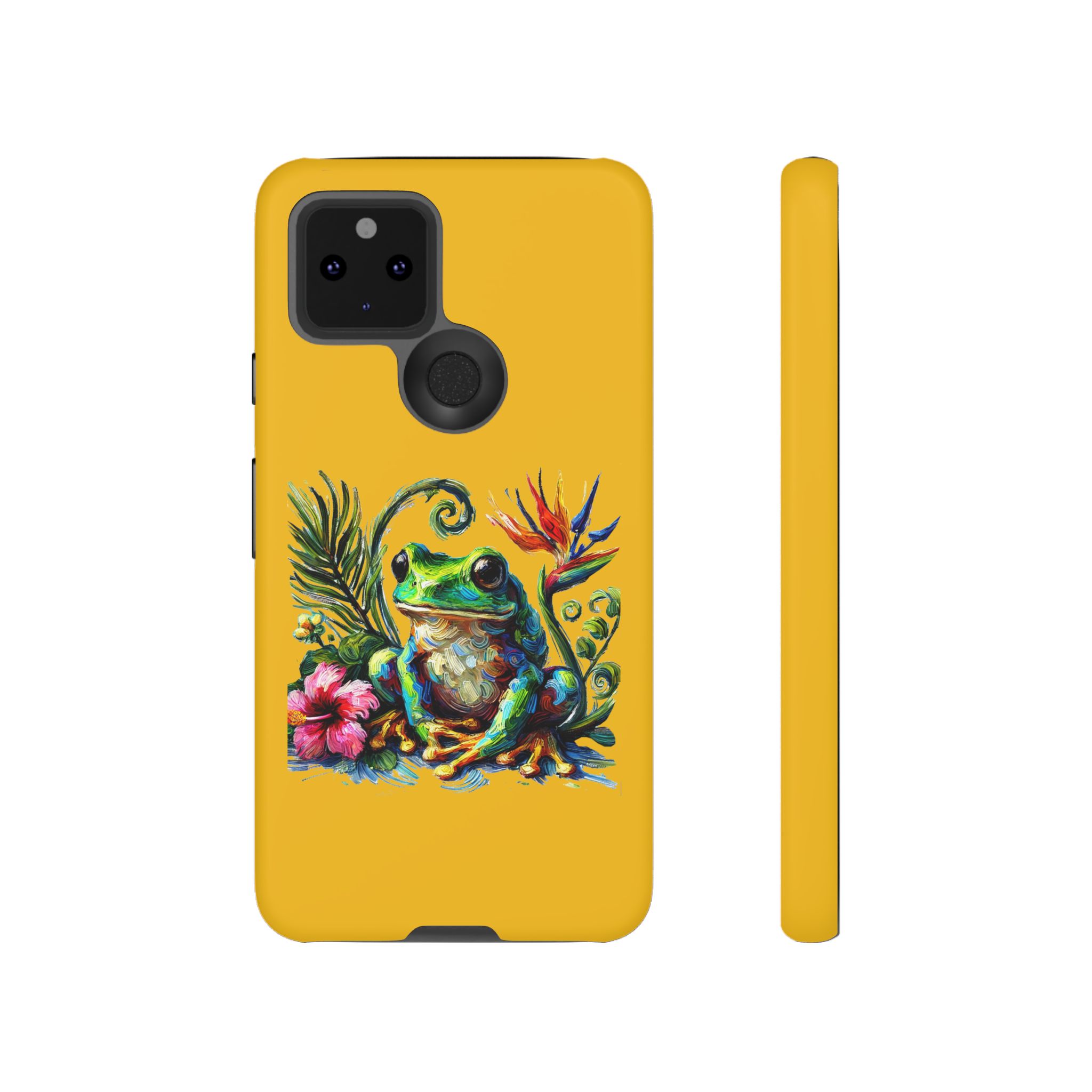 Vibrant yellow phone case featuring a detailed illustration of a frog surrounded by tropical plants and flowers.