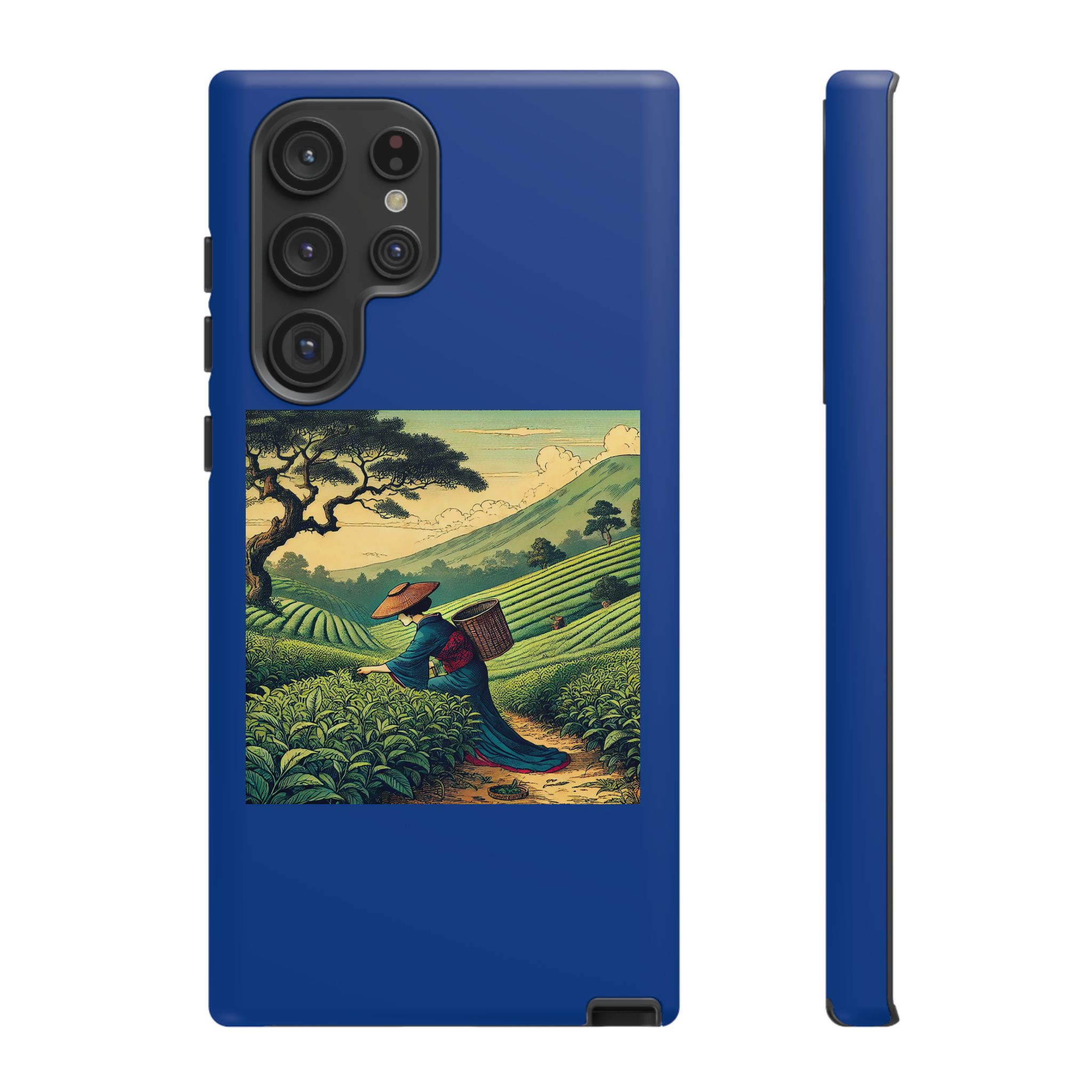 Blue phone case featuring a landscape design with a person carrying a basket in a green field.